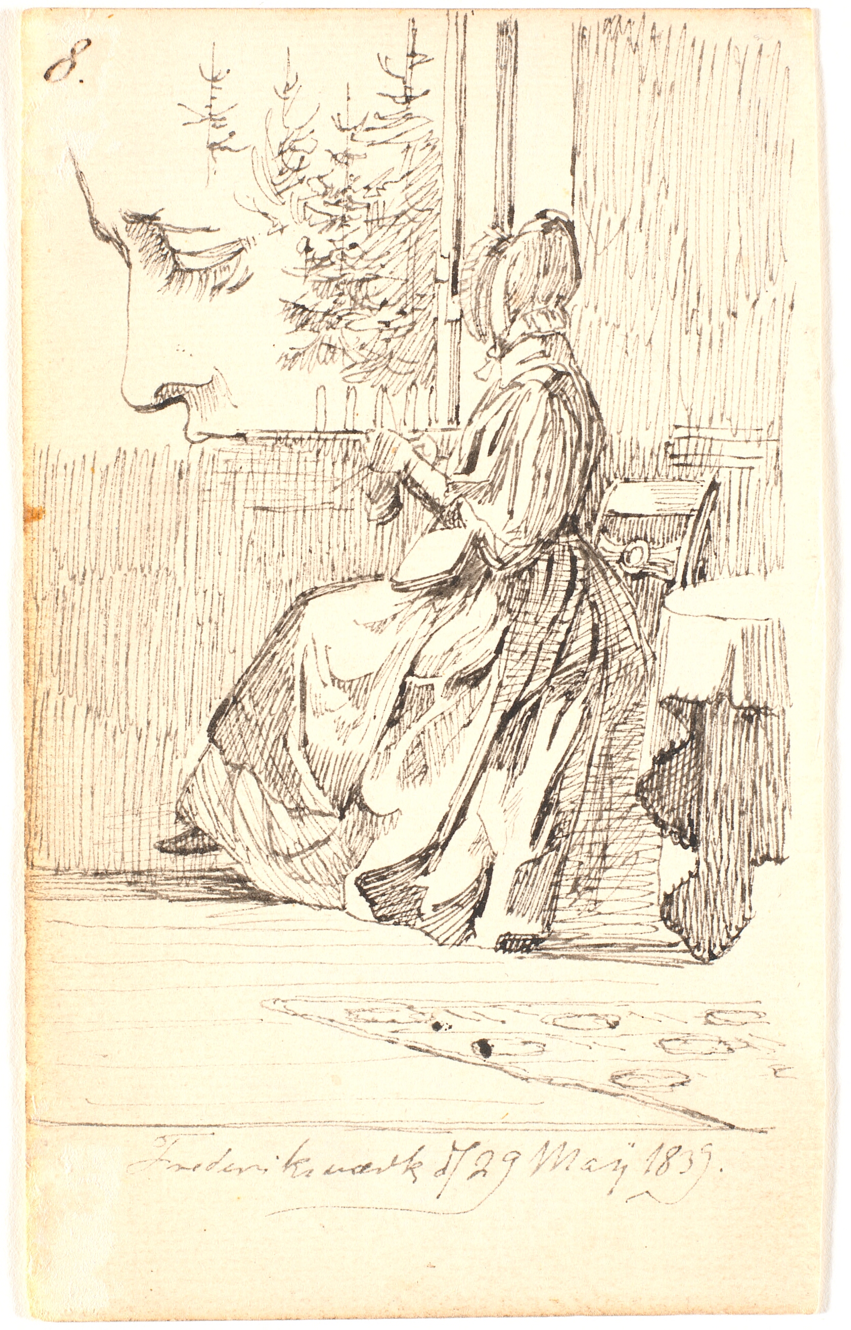 Strikkende dame (Lundbyes mor?) ved vindue med udsigt over grantræer, samt profilstudie