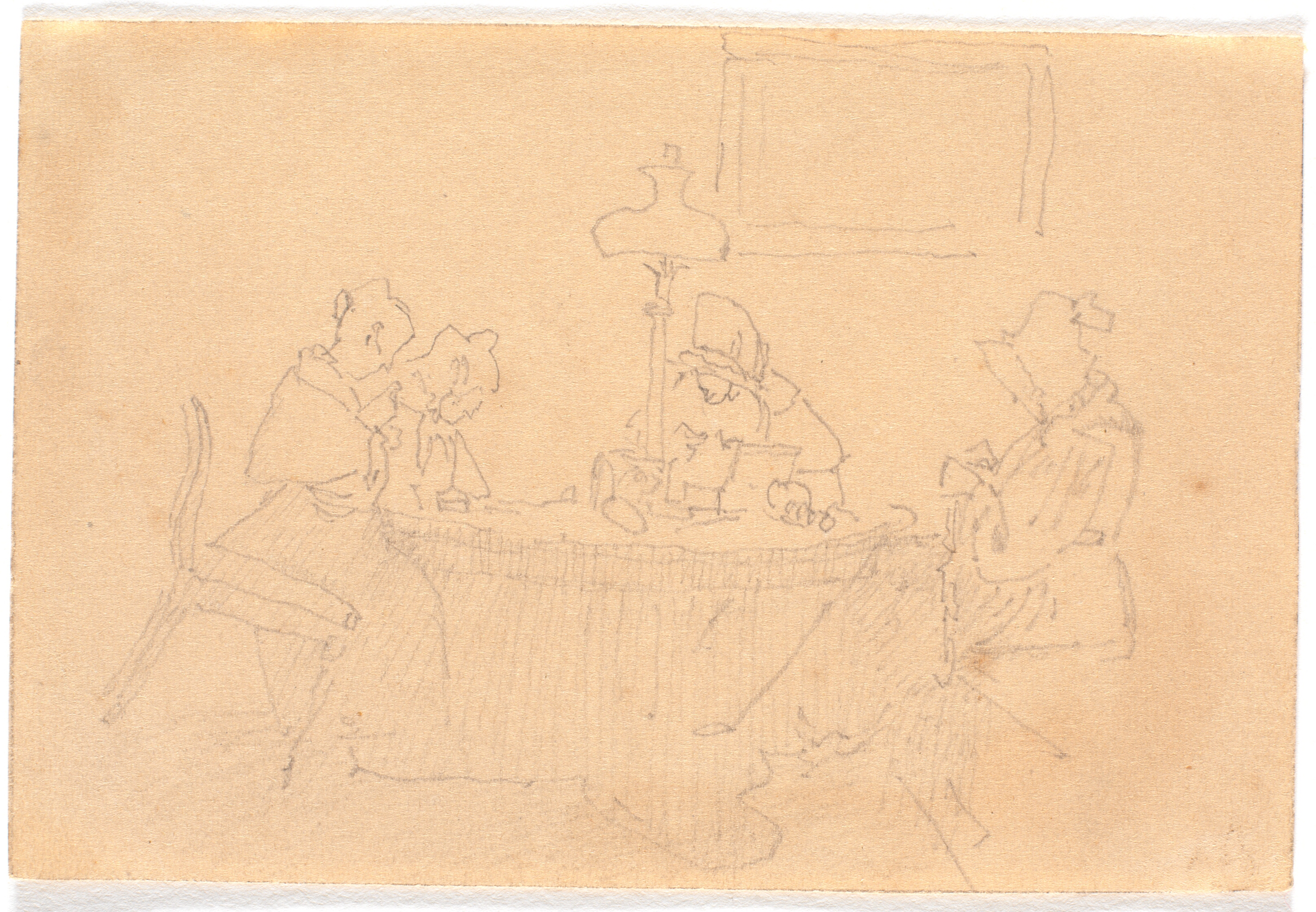 Afteninteriør. Fire damer om et bord, syende i lampelys