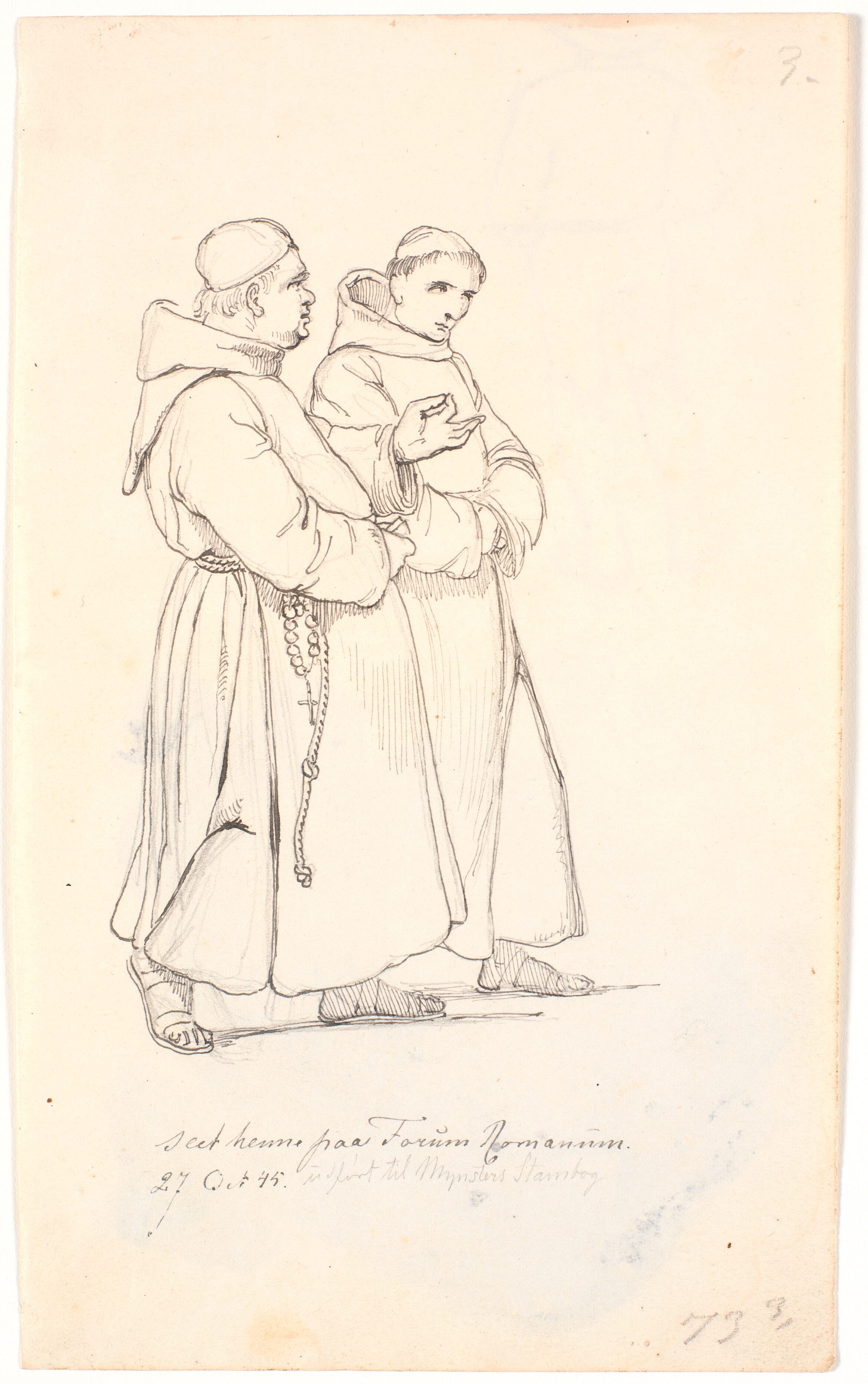 To gående franciskanermunke i samtale