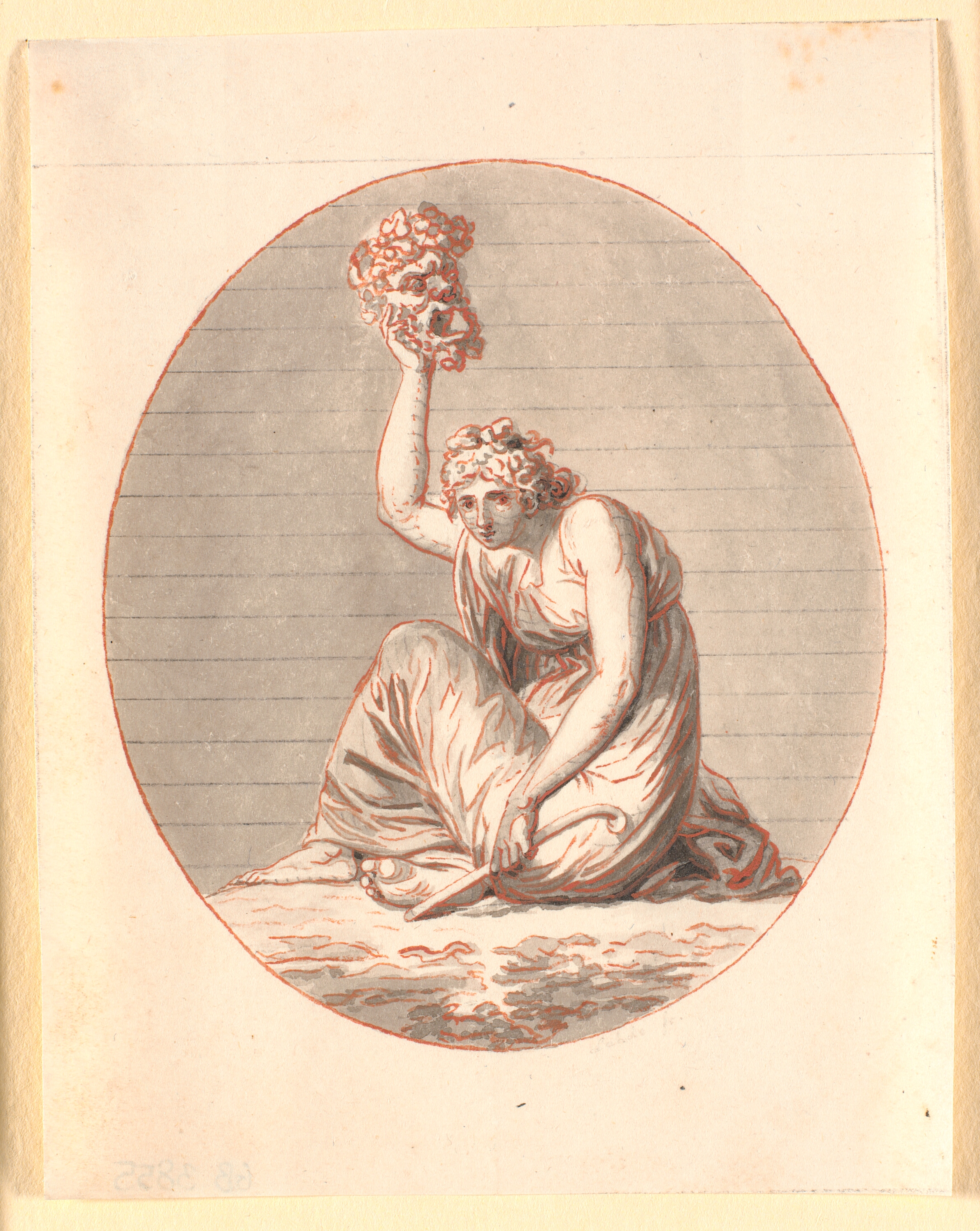 En siddende kvinde, der løfter en maske højt op over sit hoved. Ovalt indrammet