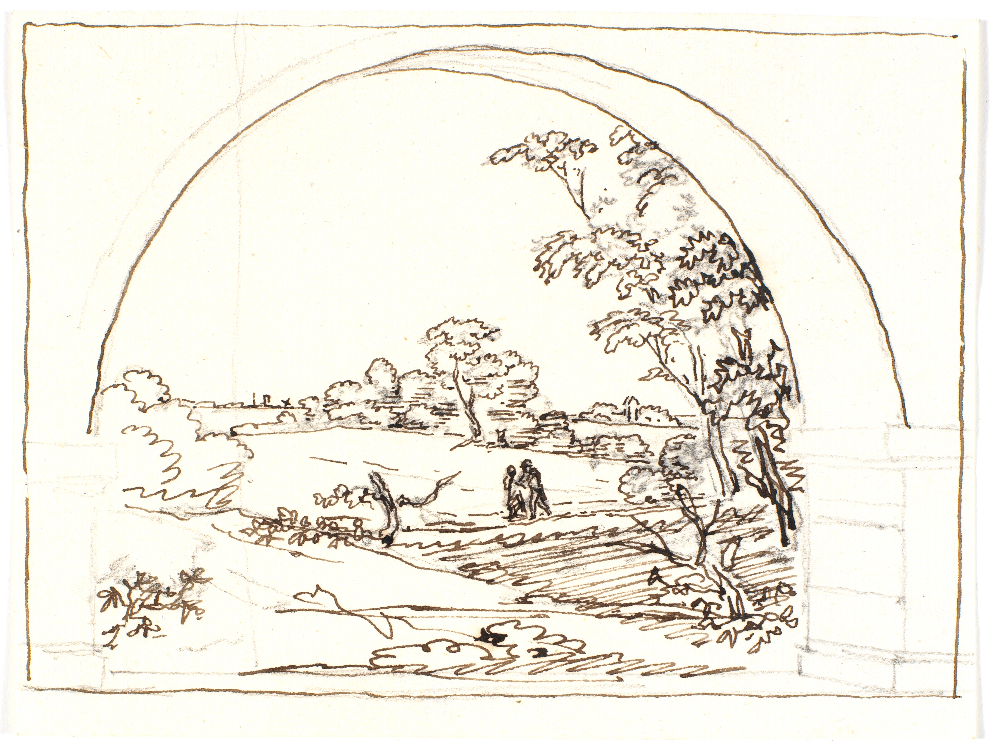 Udsigt gennem en stenbue med et (dansk) landskab