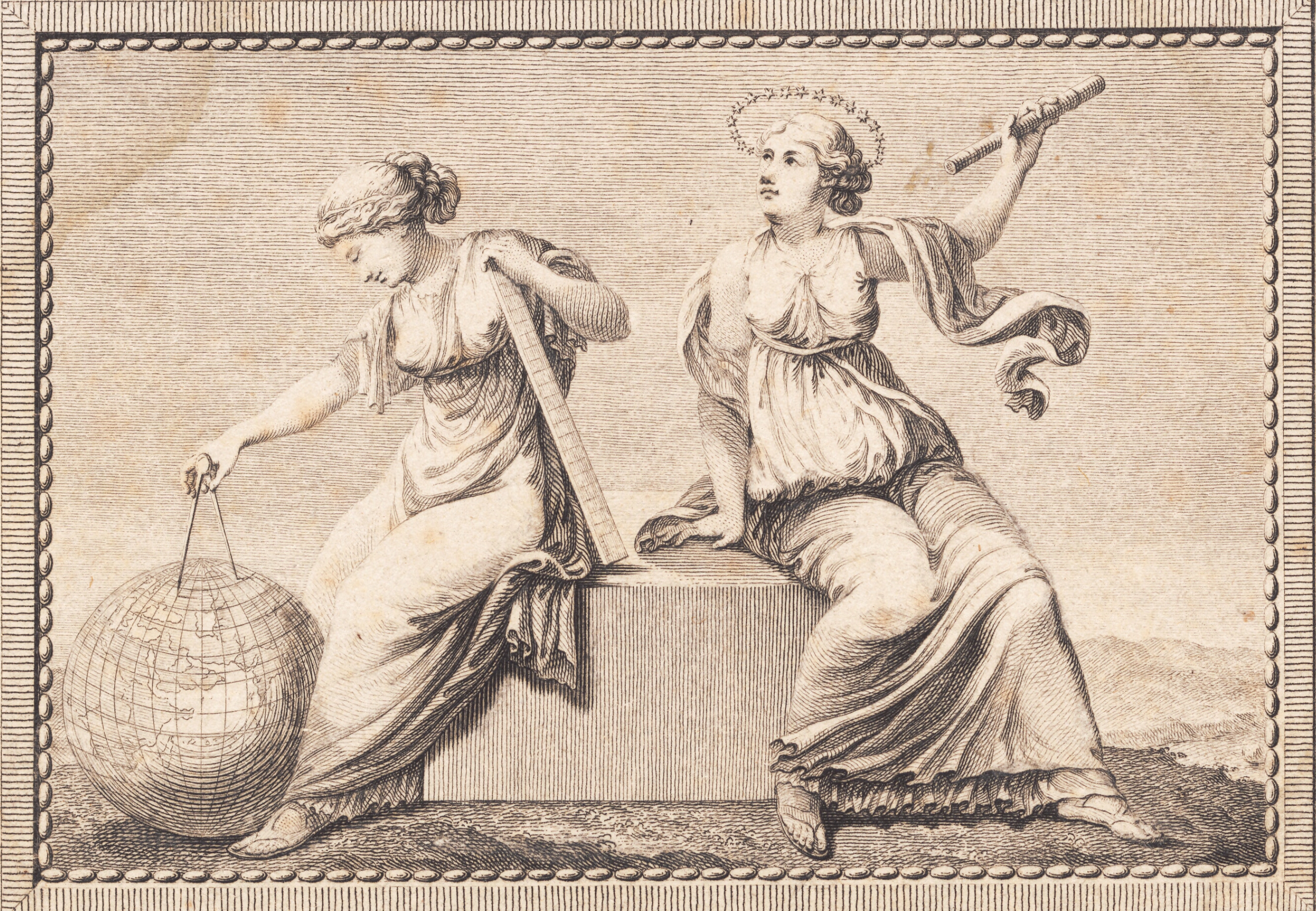 Urania og Gæa sidder på en firkantet stenblok