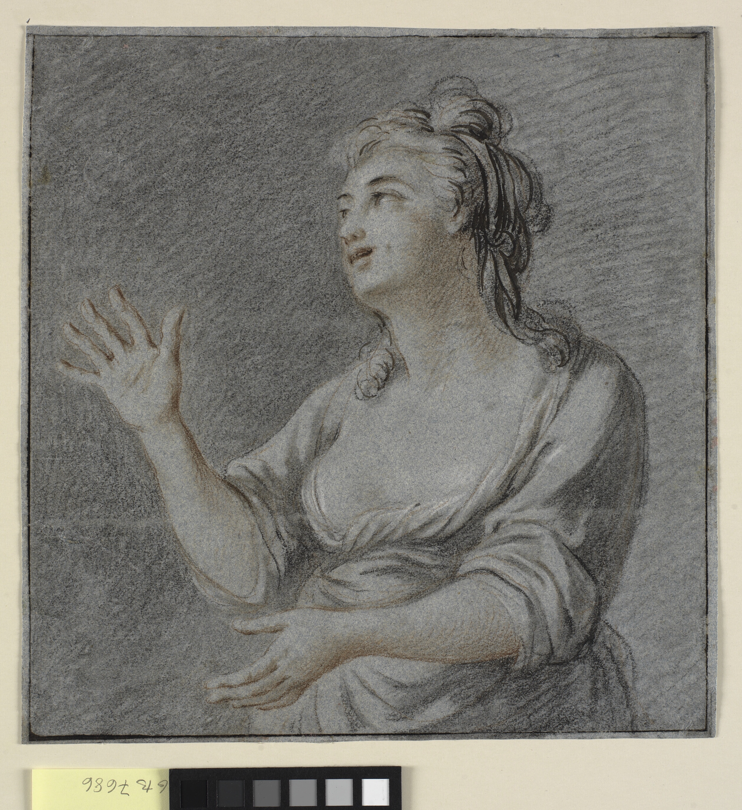 Modelstudie. Dame med løftede arme. Halvfigur