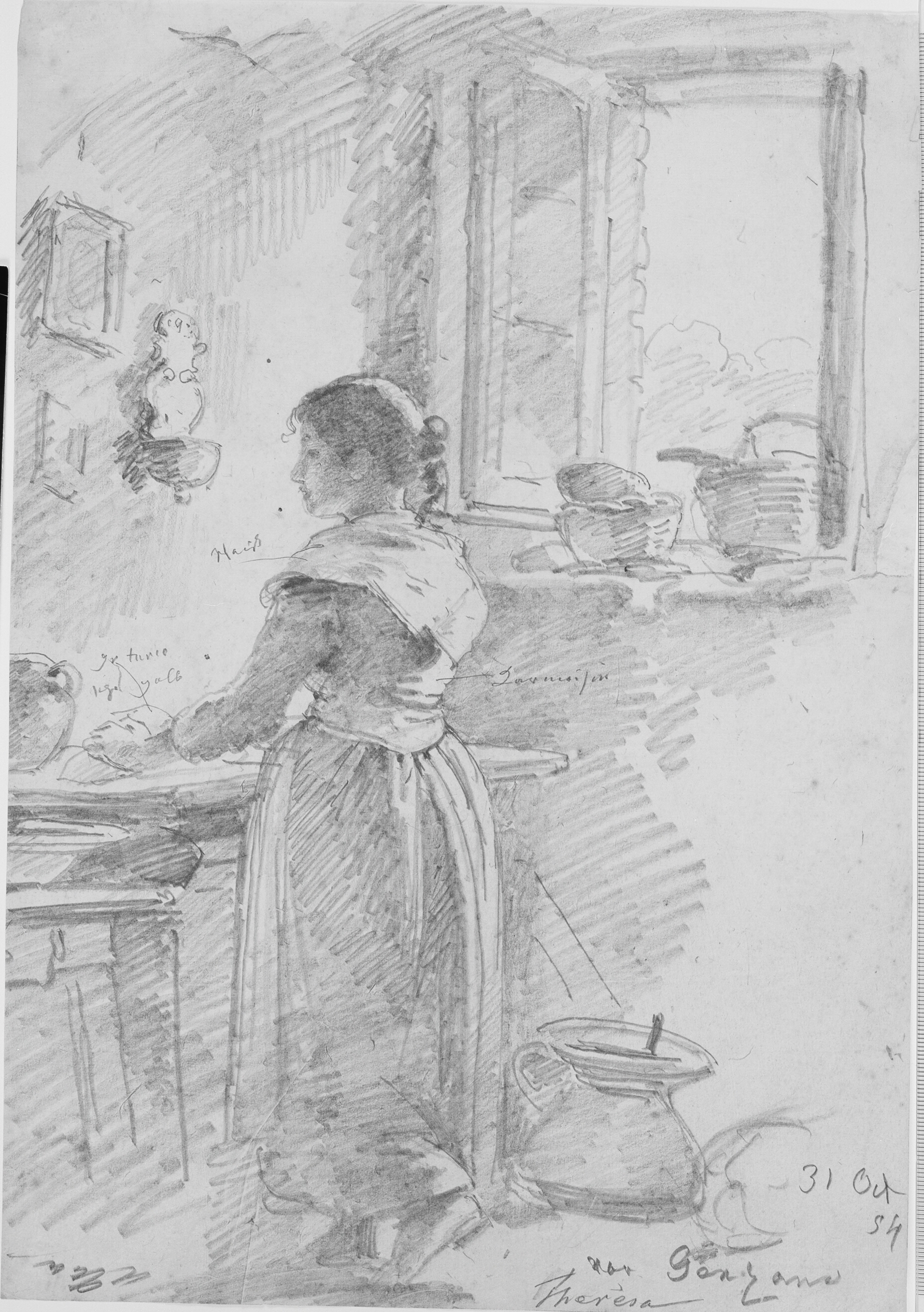 En pige ved et bord trillende dej i et værelse med markant vindue