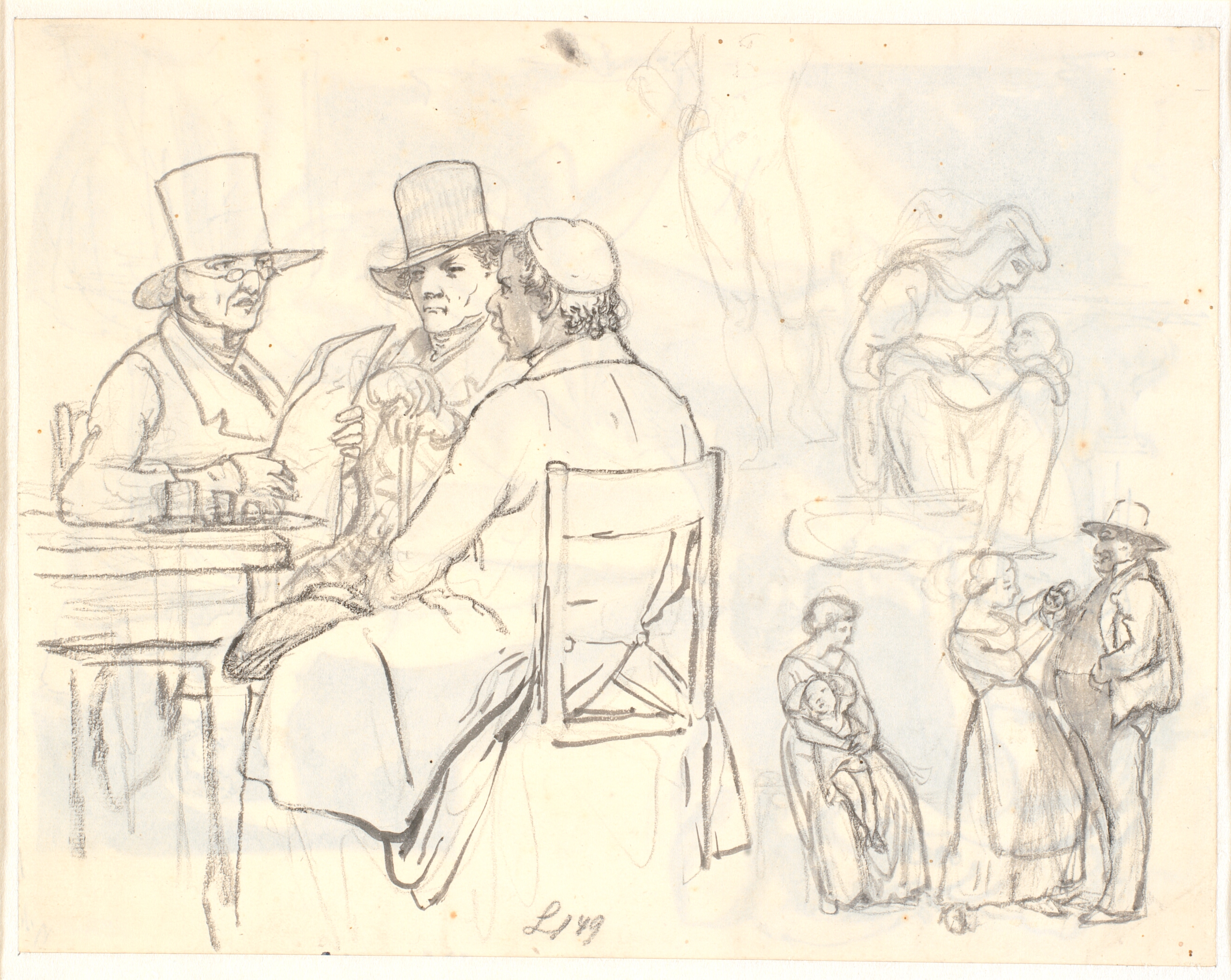 Tre mænd, den ene præst, i samtale ved et cafébord, siddende kvinde med barn, kvinde og tyk mand