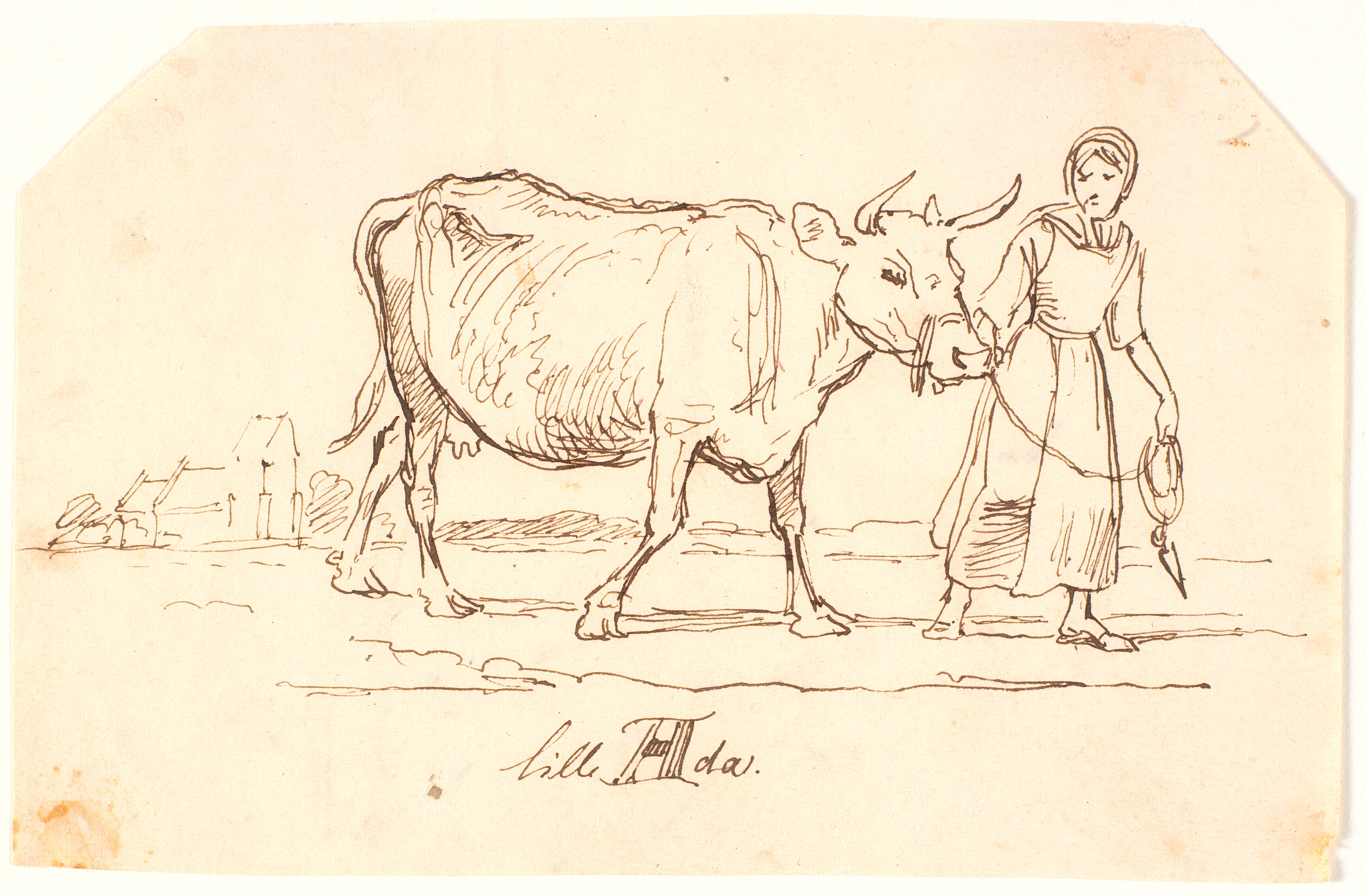 En pige trækkende en ko i et landskab med en kirke. "Lille Ada"