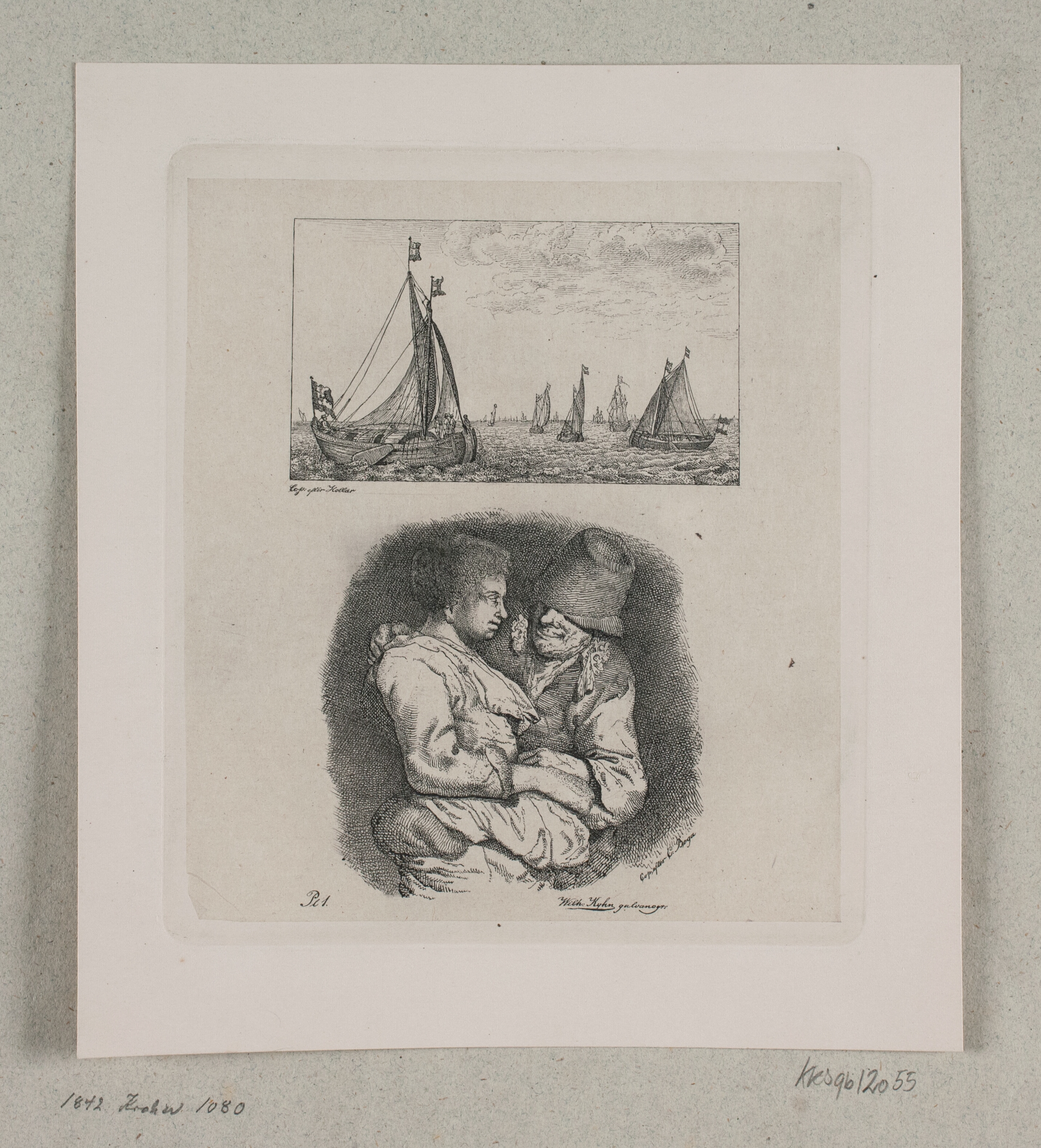 Sejlbåde og bonde med armen om skulderen på en kvinde