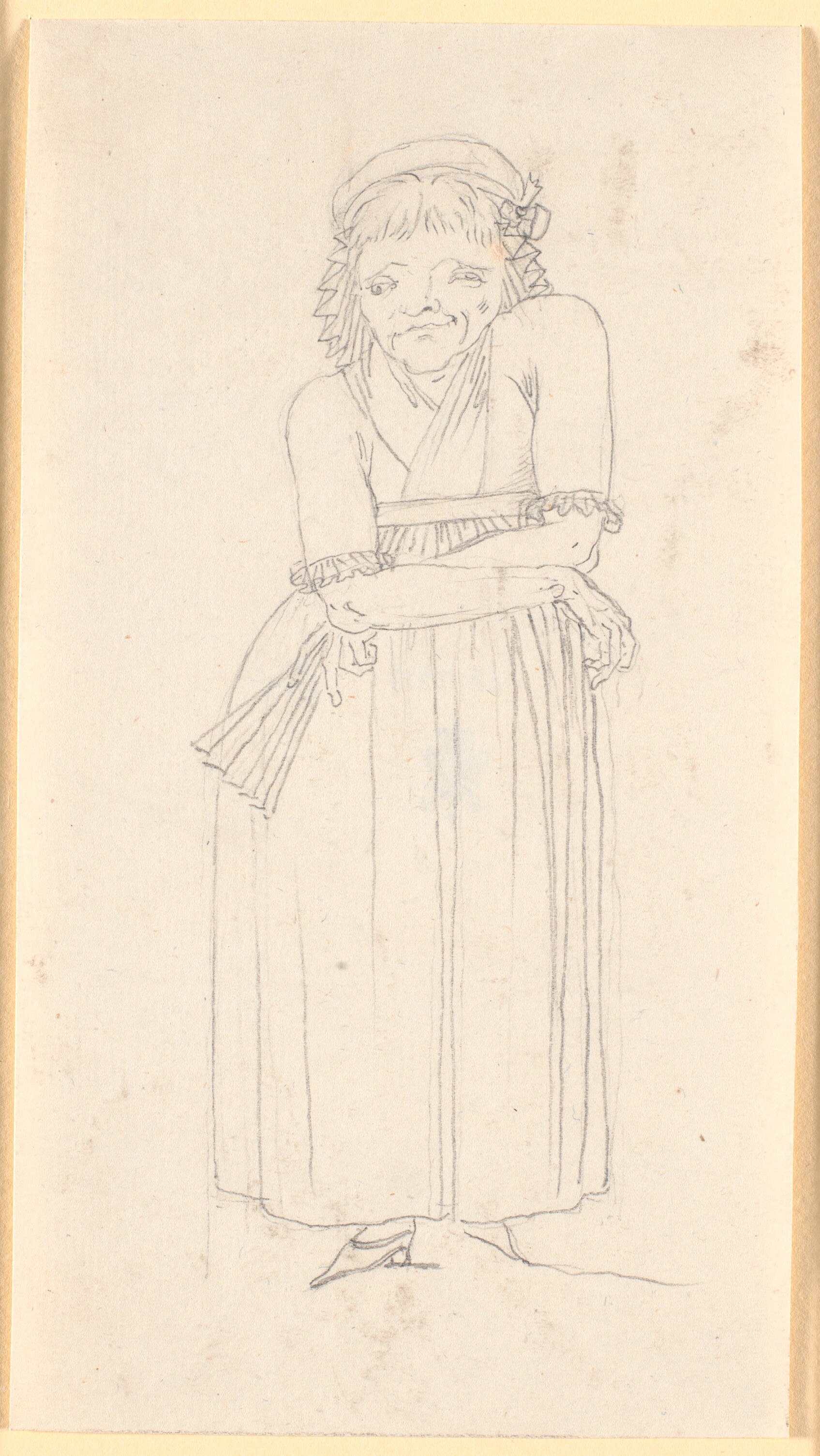 Karikatur af en pukkelrygget kone med en vifte i hånden