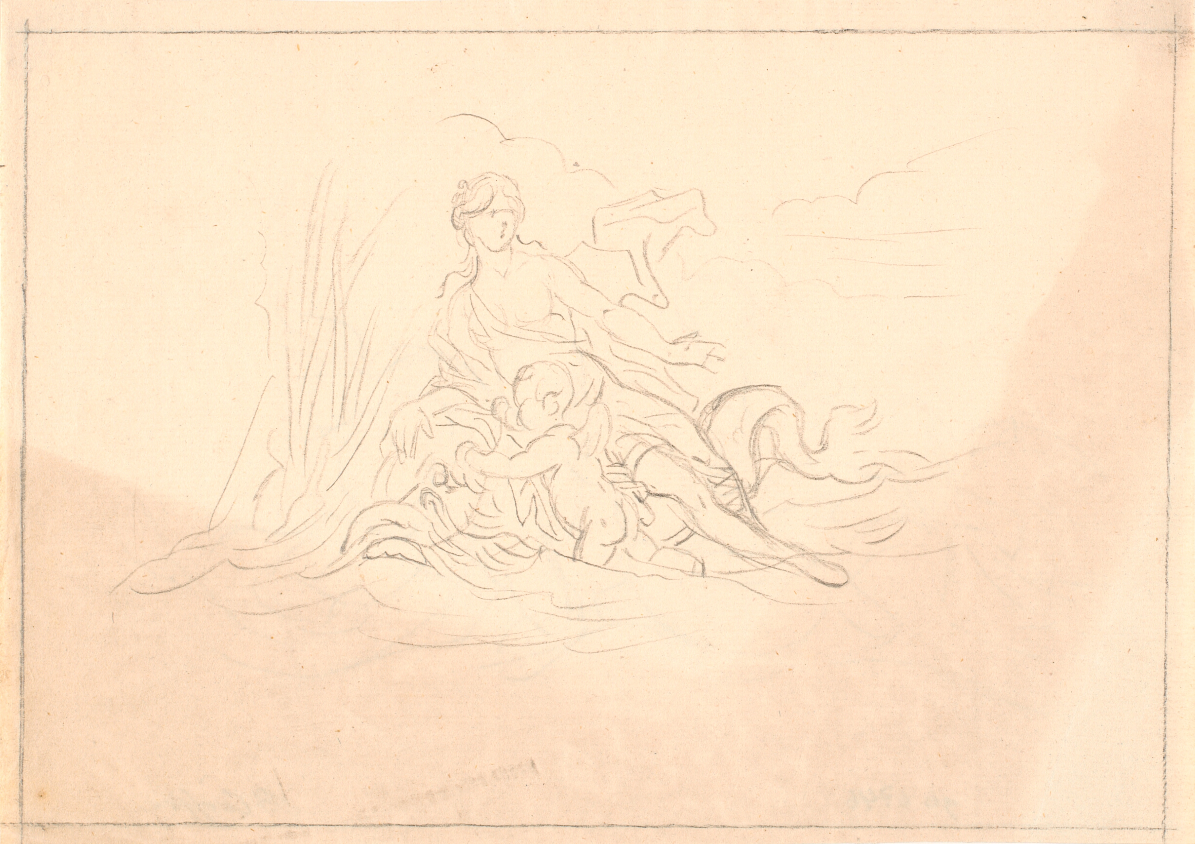 Kompositionsskitse med nymfe på en delfin