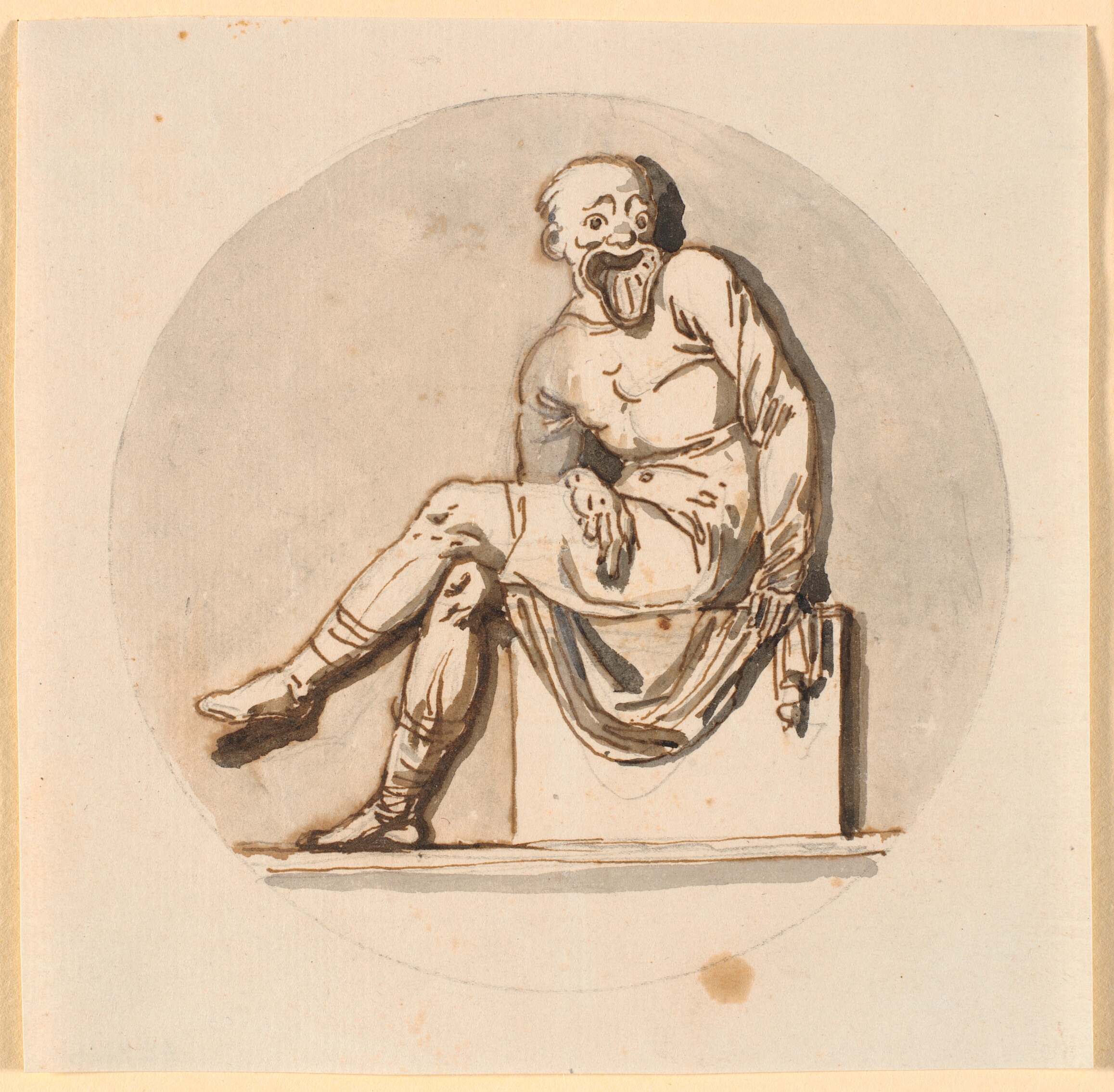 Siddende maskefigur, cirkelrundt indrammet. Udkast til dekoration i tehuset i Sorgenfri park