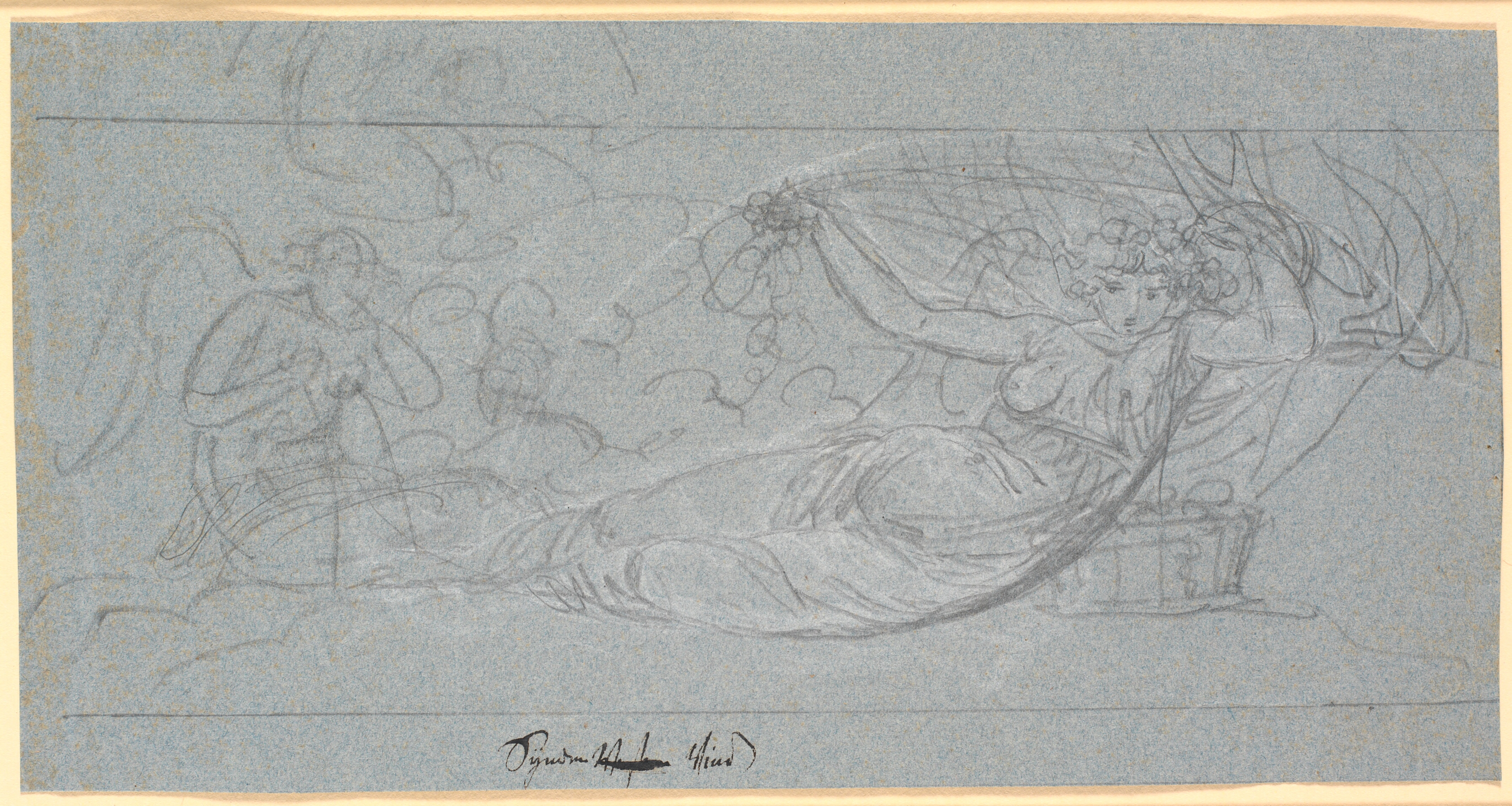 Udkast til dørstykke. En liggende kvindefigur, fremstillende Søndenvinden