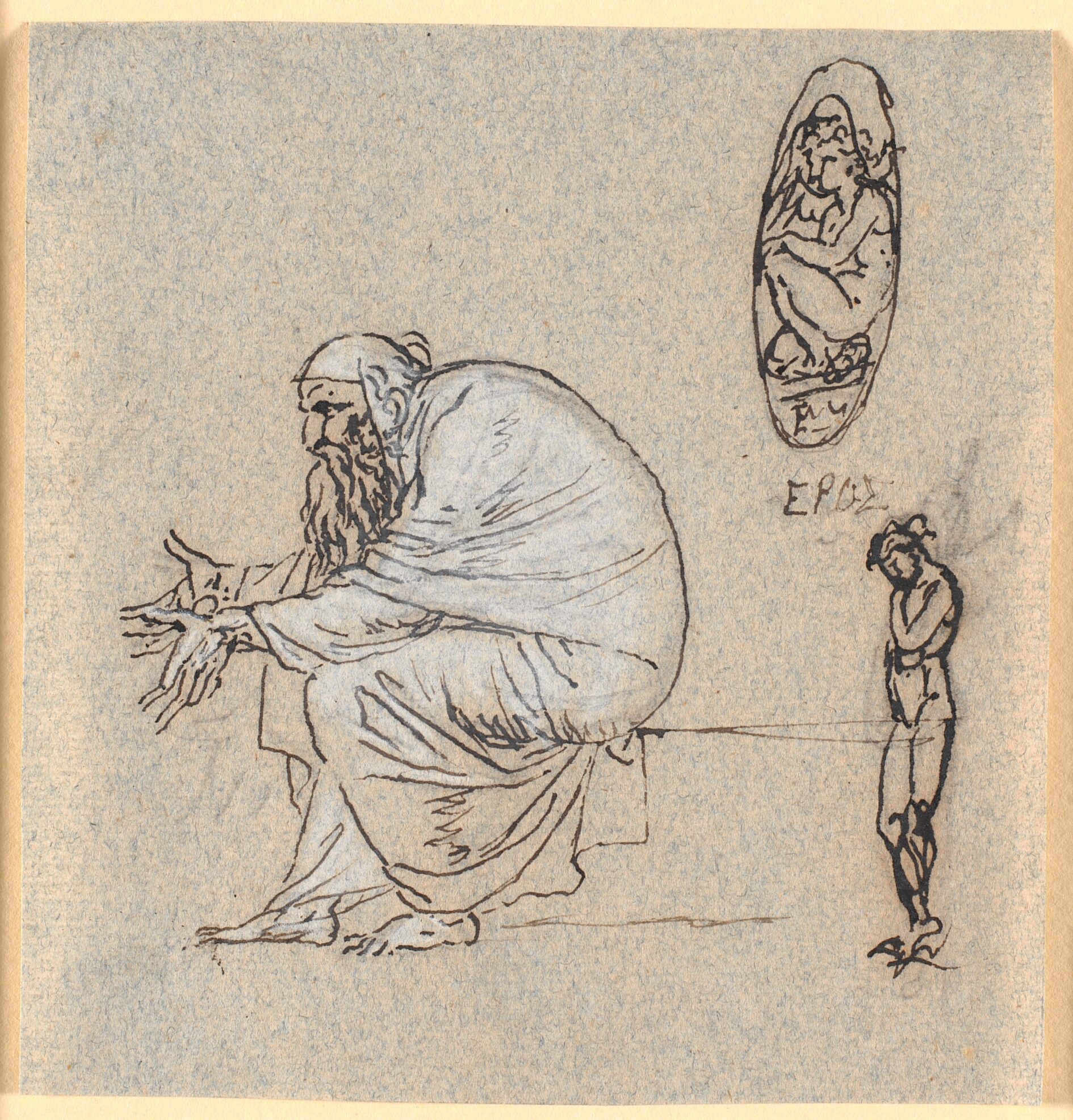 En siddende langskægget olding i profil til venstre med fremrakte hænder. Ved siden en Erosfigur i en oval og en stående nøgen ung mand