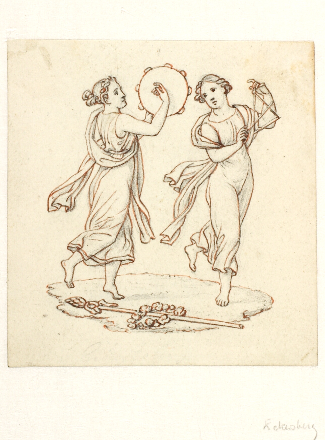 To dansende kvinder med tamburin og triangel, på jorden en thyrsosstav