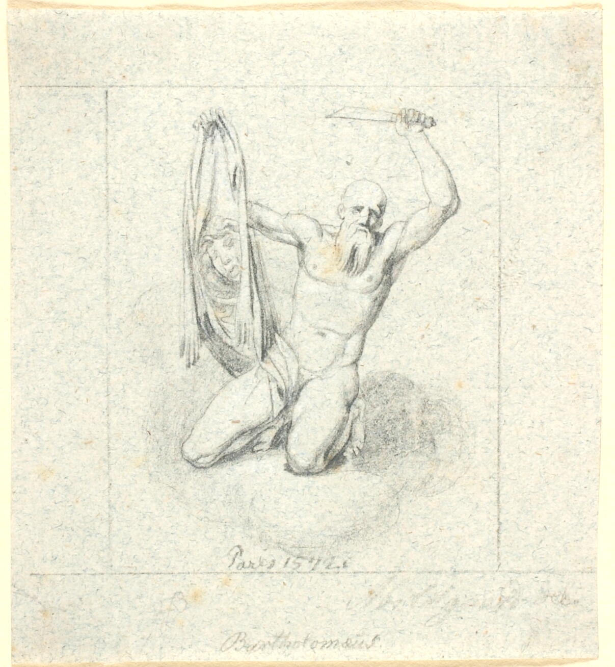 En nøgen knælende mand, der symboliserer Bartholomæusnatten