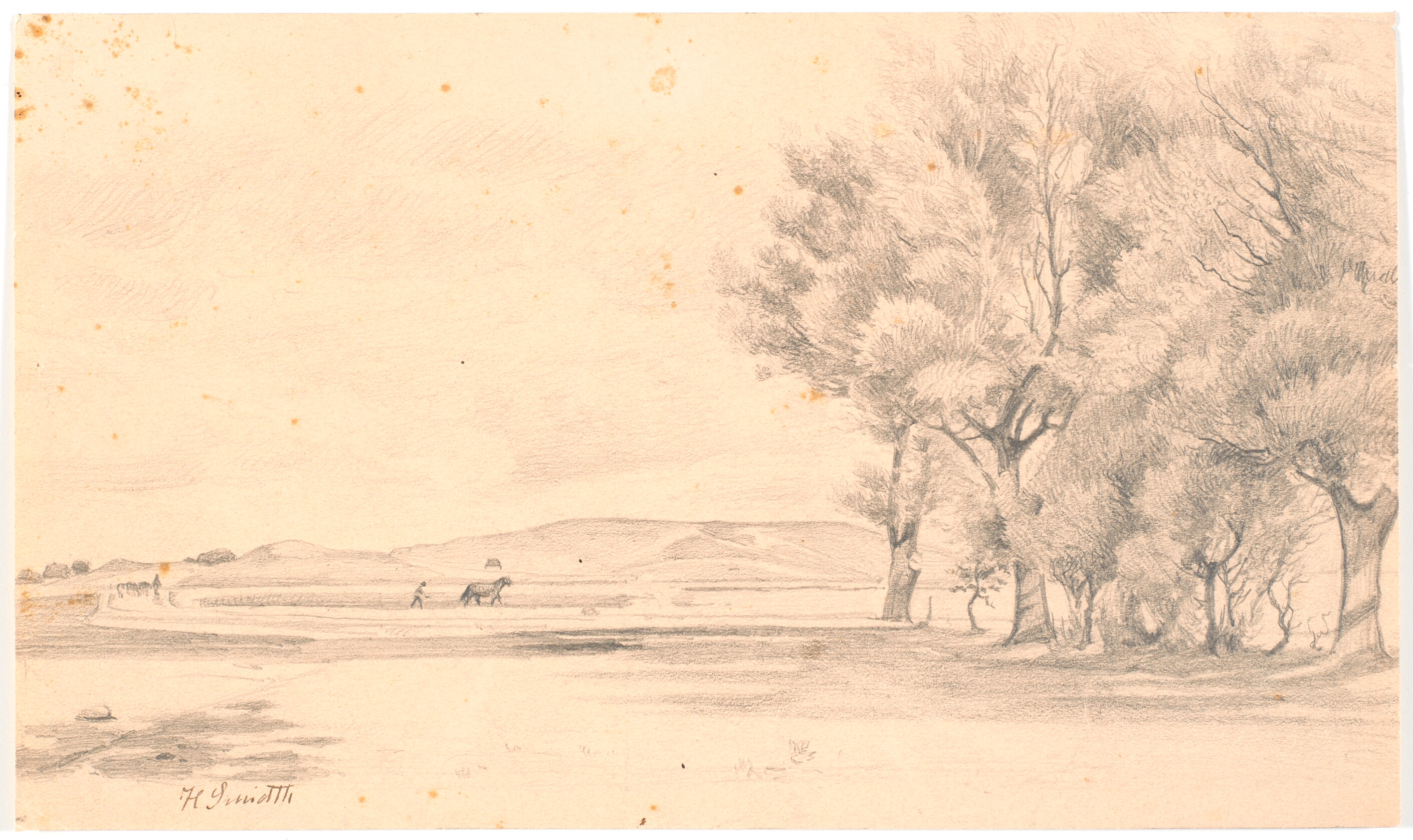 Landskab med pløjemark; t.h. høje træer