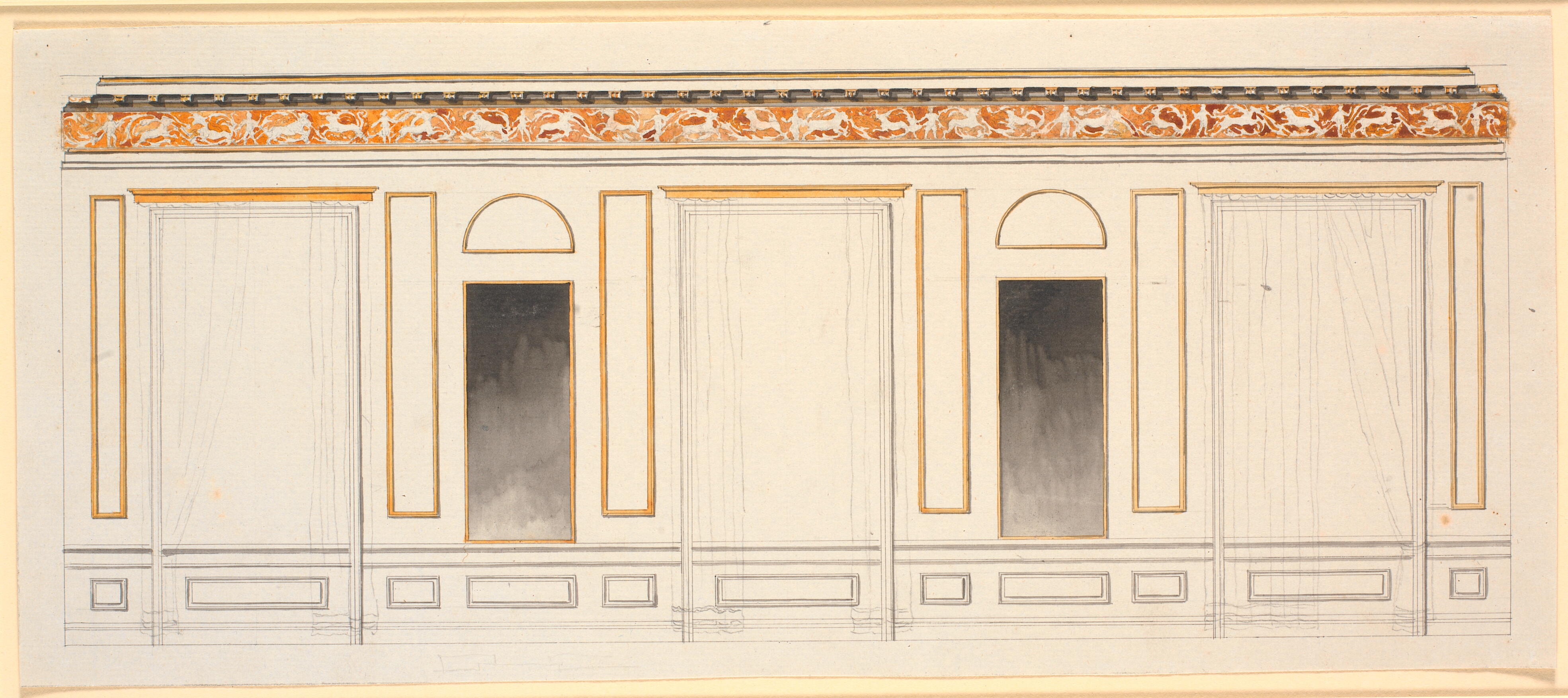 Udkast til dekoration af vinduesvæg i appartementssalen