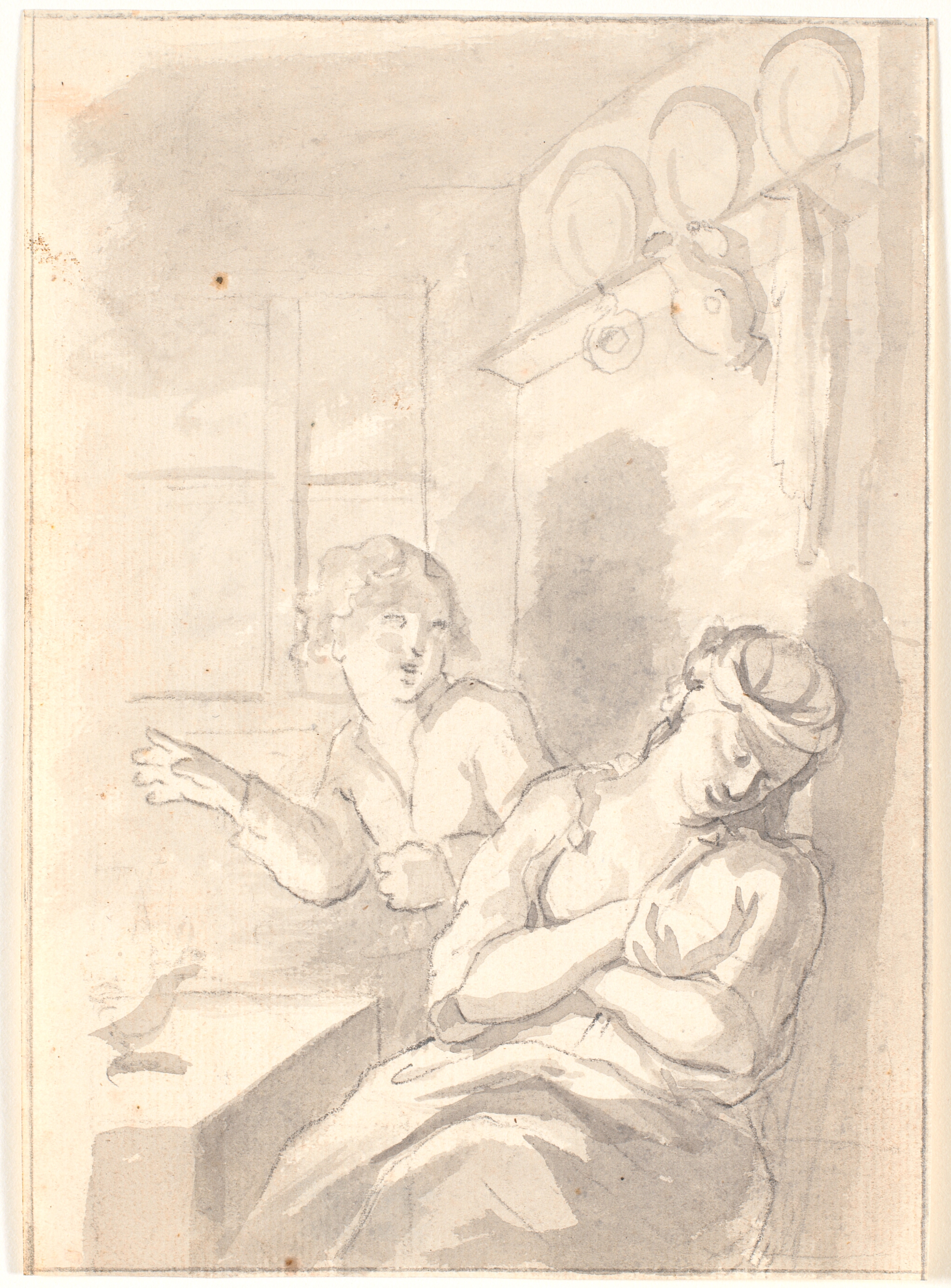 En sovende køkkenpige og en tyvagtig dreng, kunstigt lys