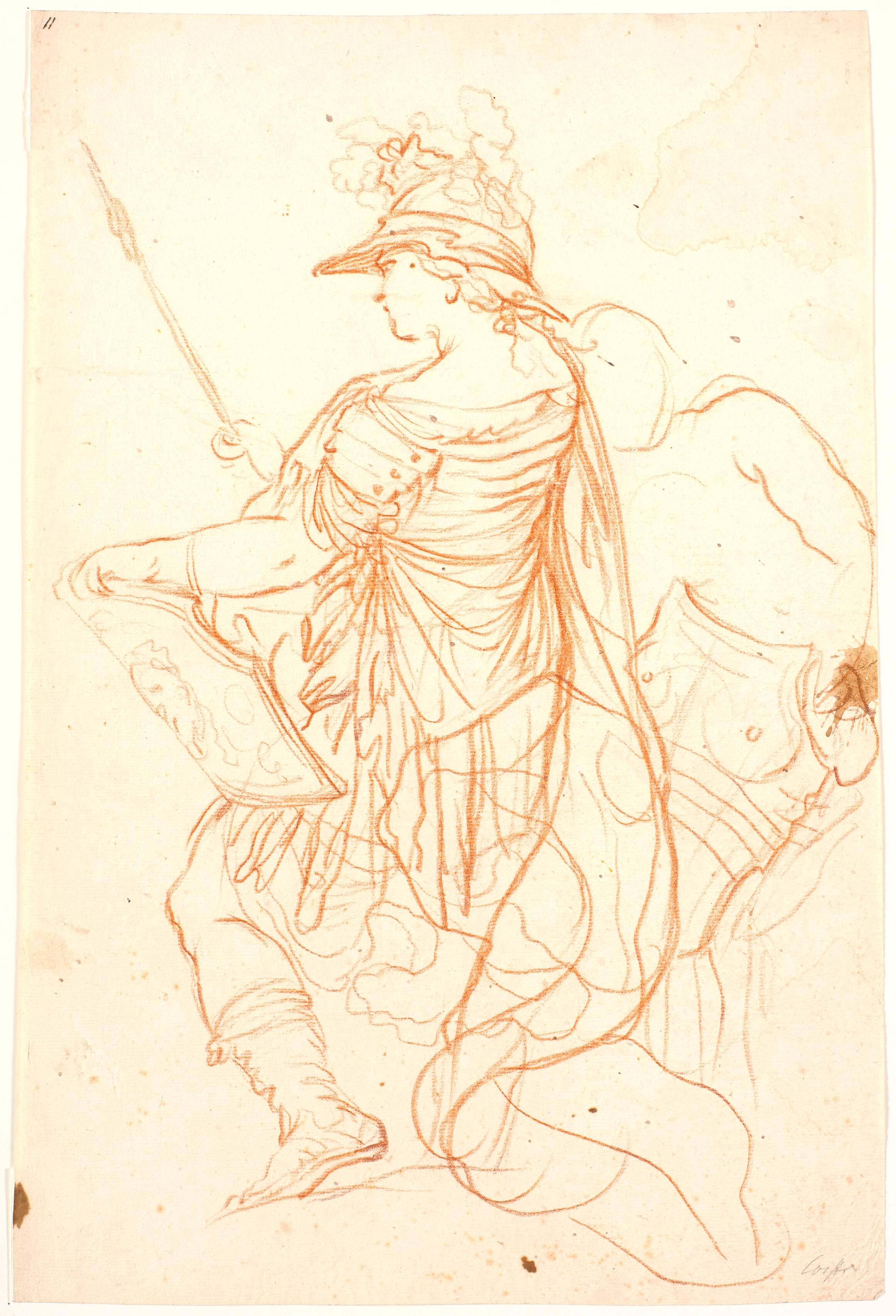 Pallas Athene, vendt mod venstre, samt yderligere en figur