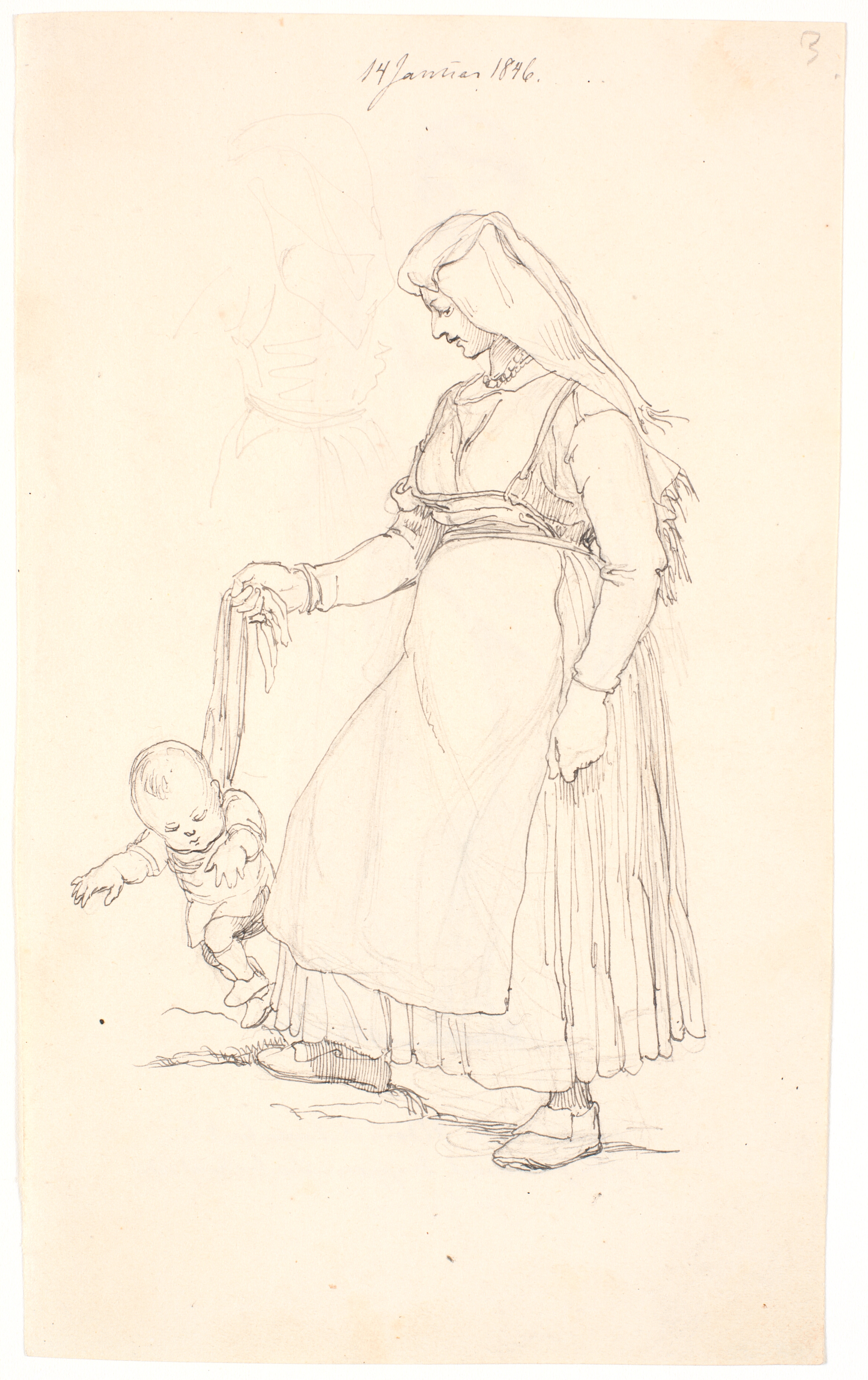 Bondekone, som leder sit barn i en sele, øverst en løs blyants-skitse af en kvinde set bagfra