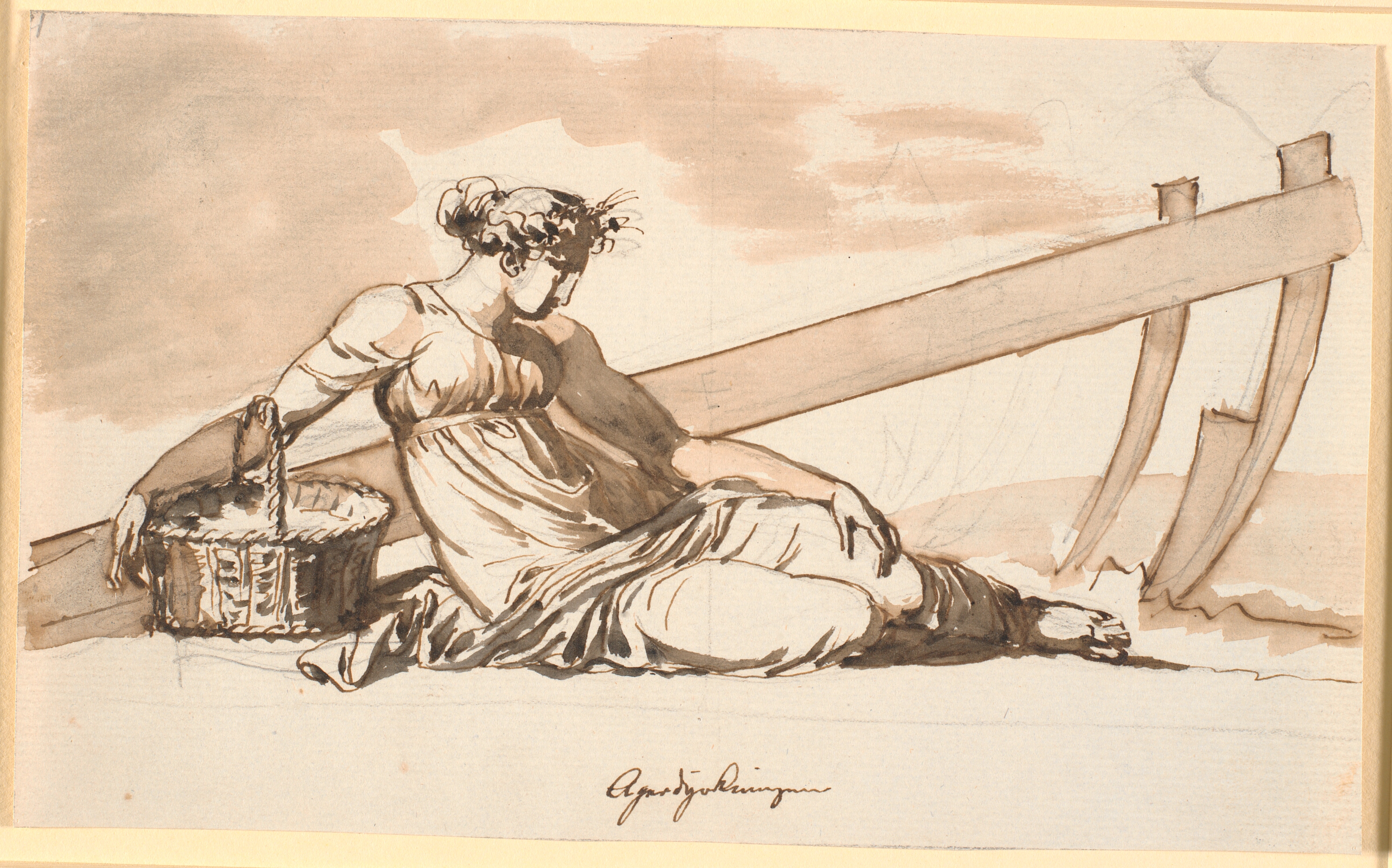 Hvilende kvinde foran en plov. Allegori på agerdyrkning