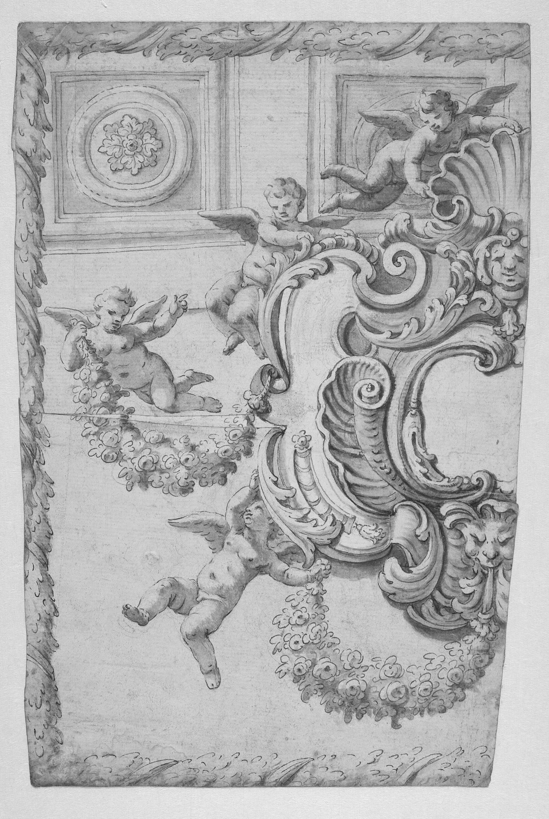 Putti der bærer en kartouche og guirlander med blomster