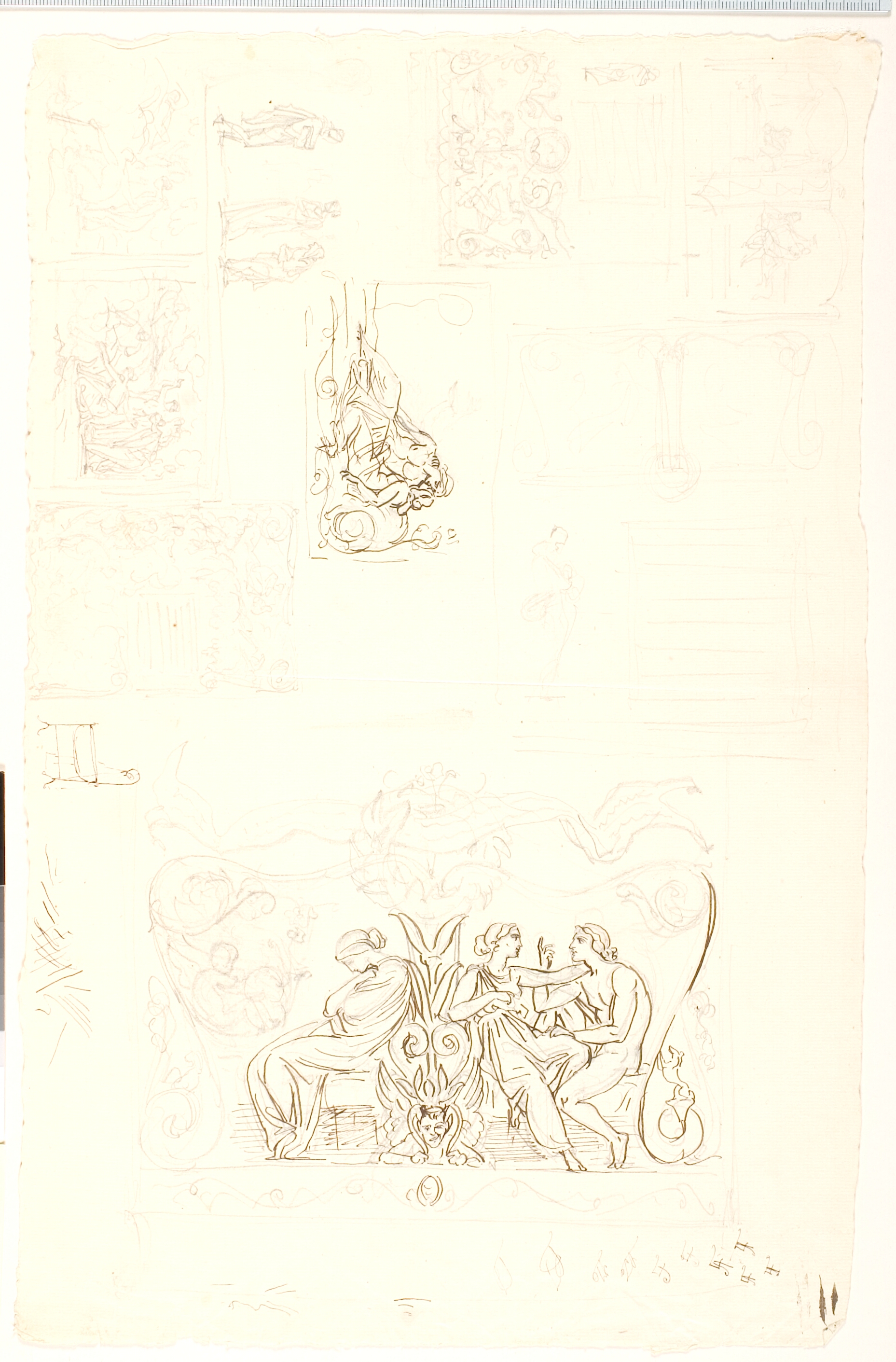 Skitser. F.o. bl.a. ungt par hvilende på leje, vignetterne med den sovende kvinde og det elskende par. F.n.: Den sovende kvinde og det elskene par