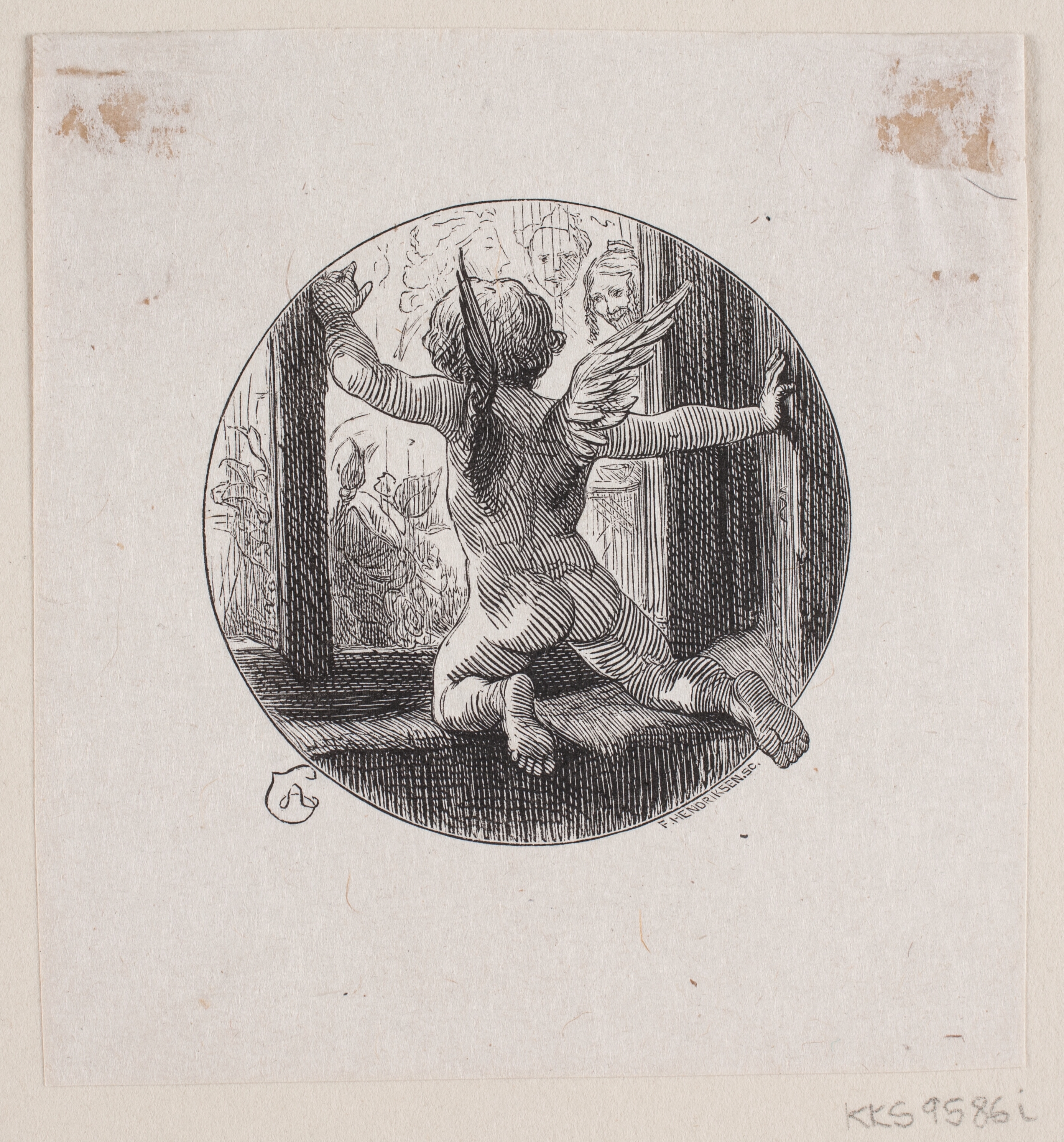 Cirkelrund Vignet med flyvende Engel