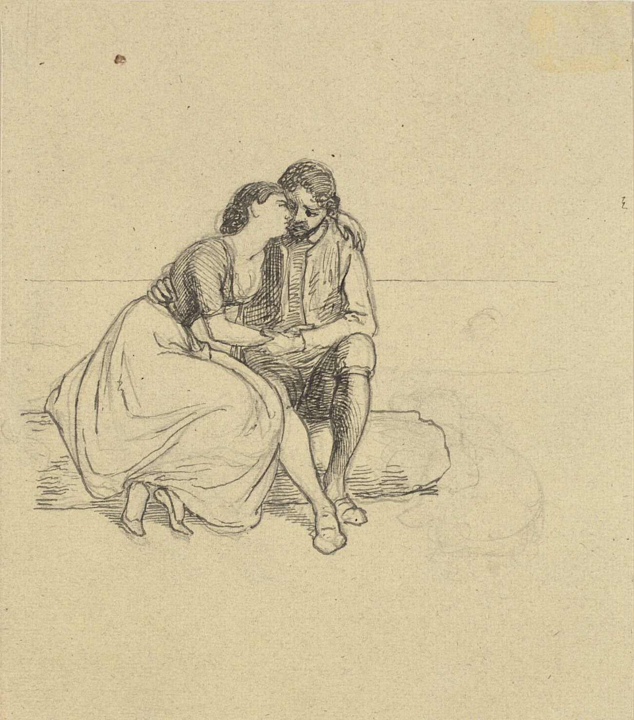 Kærestepar i nationaldragter siddende på en træstamme