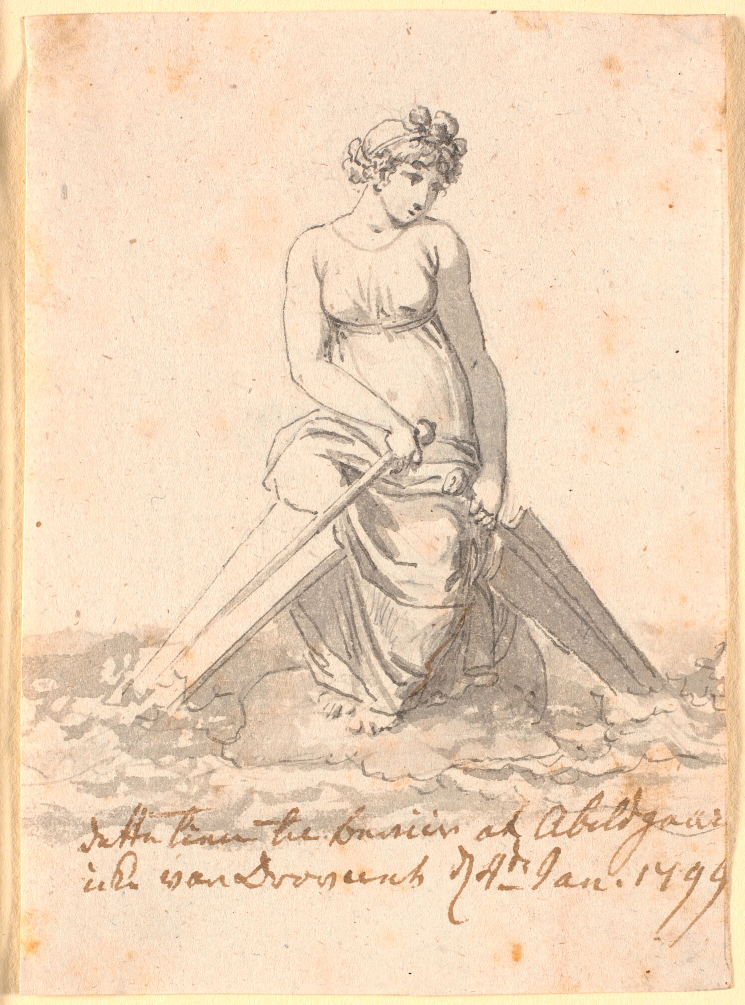 En kvinde siddende på en sten i vandet med to årer eller ror