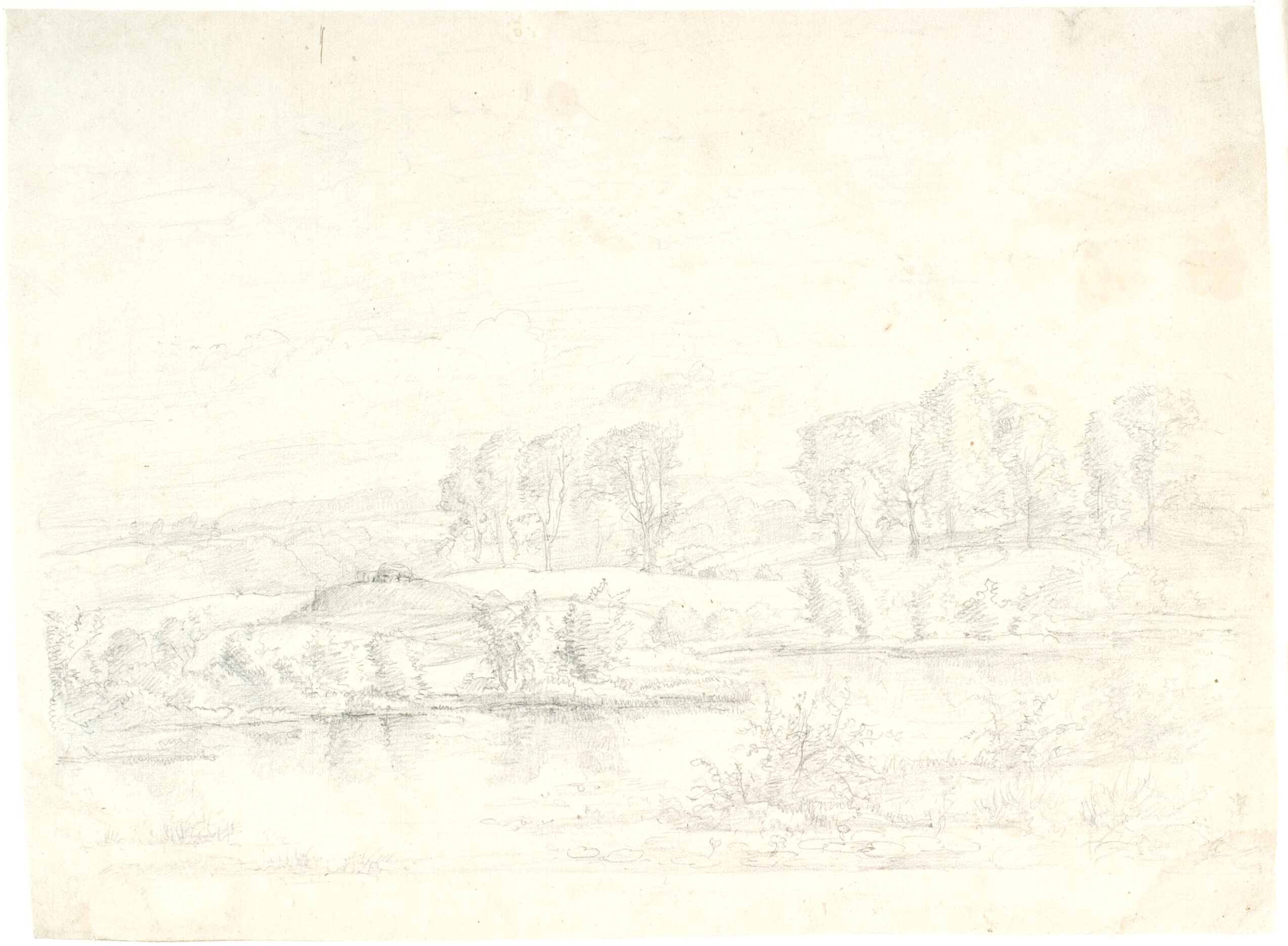 Komponeret landskab. En sø, en kæmpehøj, i baggrunden bakker med træer