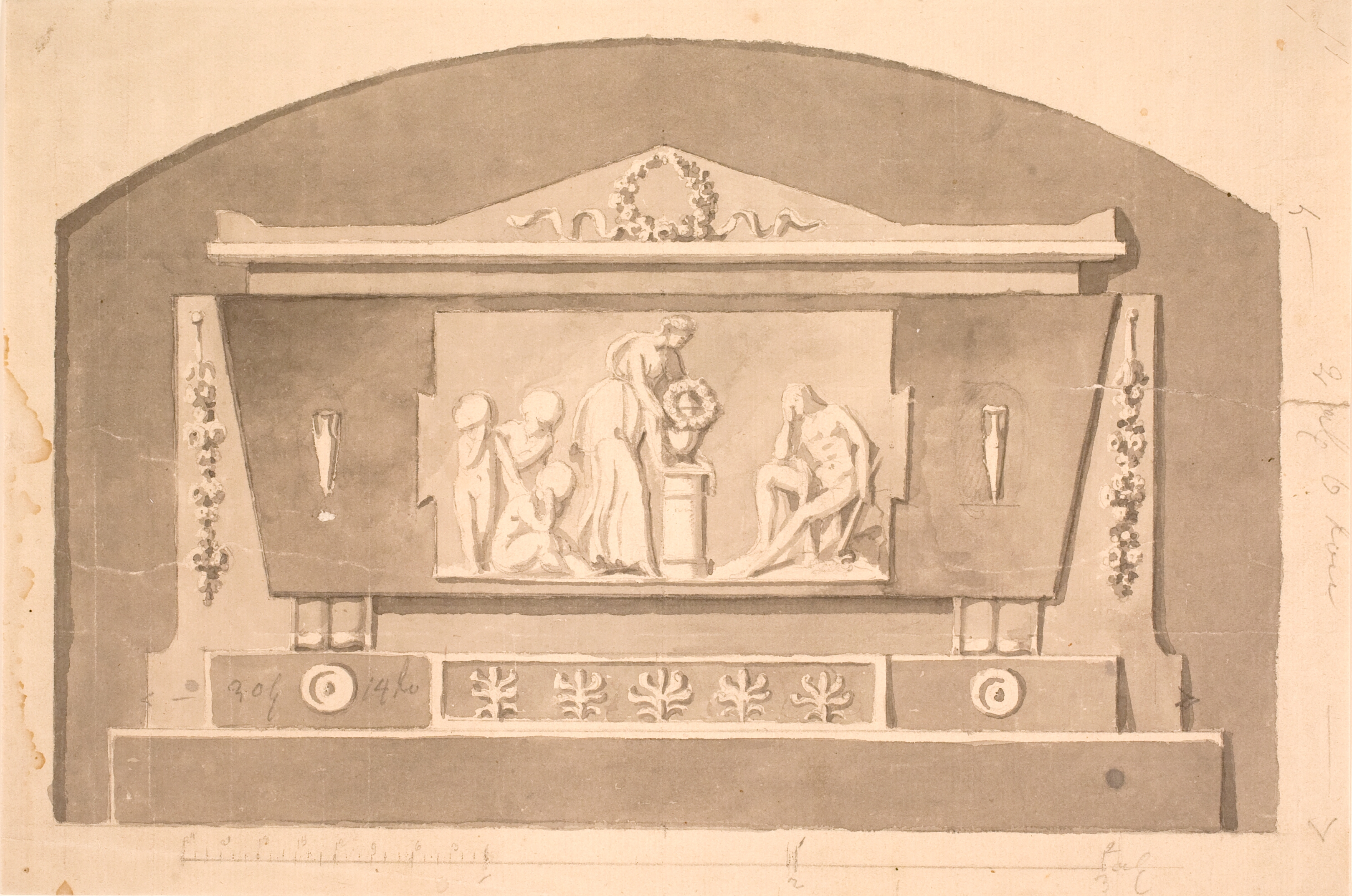 Udkast til sarkofag med relief til det Gandilske gravmæle på Assistens kirkegård