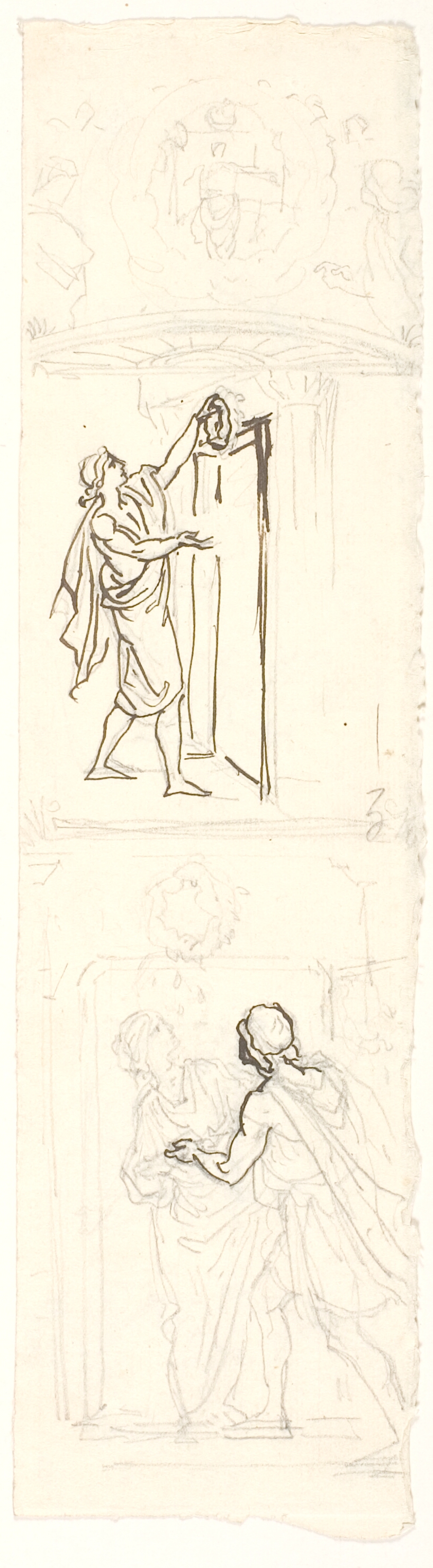 Den unge pige venter på sin elsker. F.o.: Kransen hænges op. F.n.: Gensynet