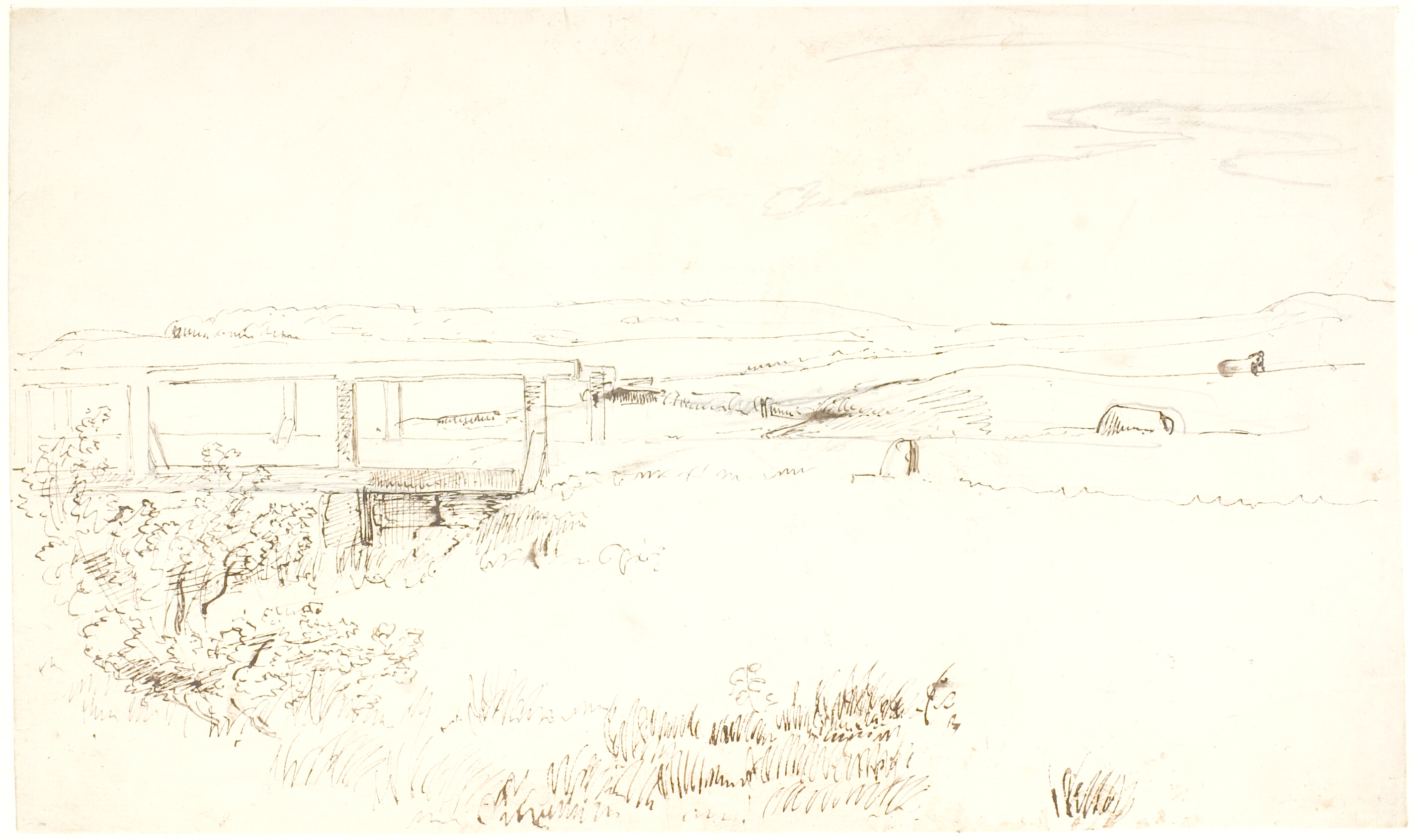 Vid udsigt over et (jysk?) landskab med lange bakkelinjer, i forgrunden t.v. en bro over en å