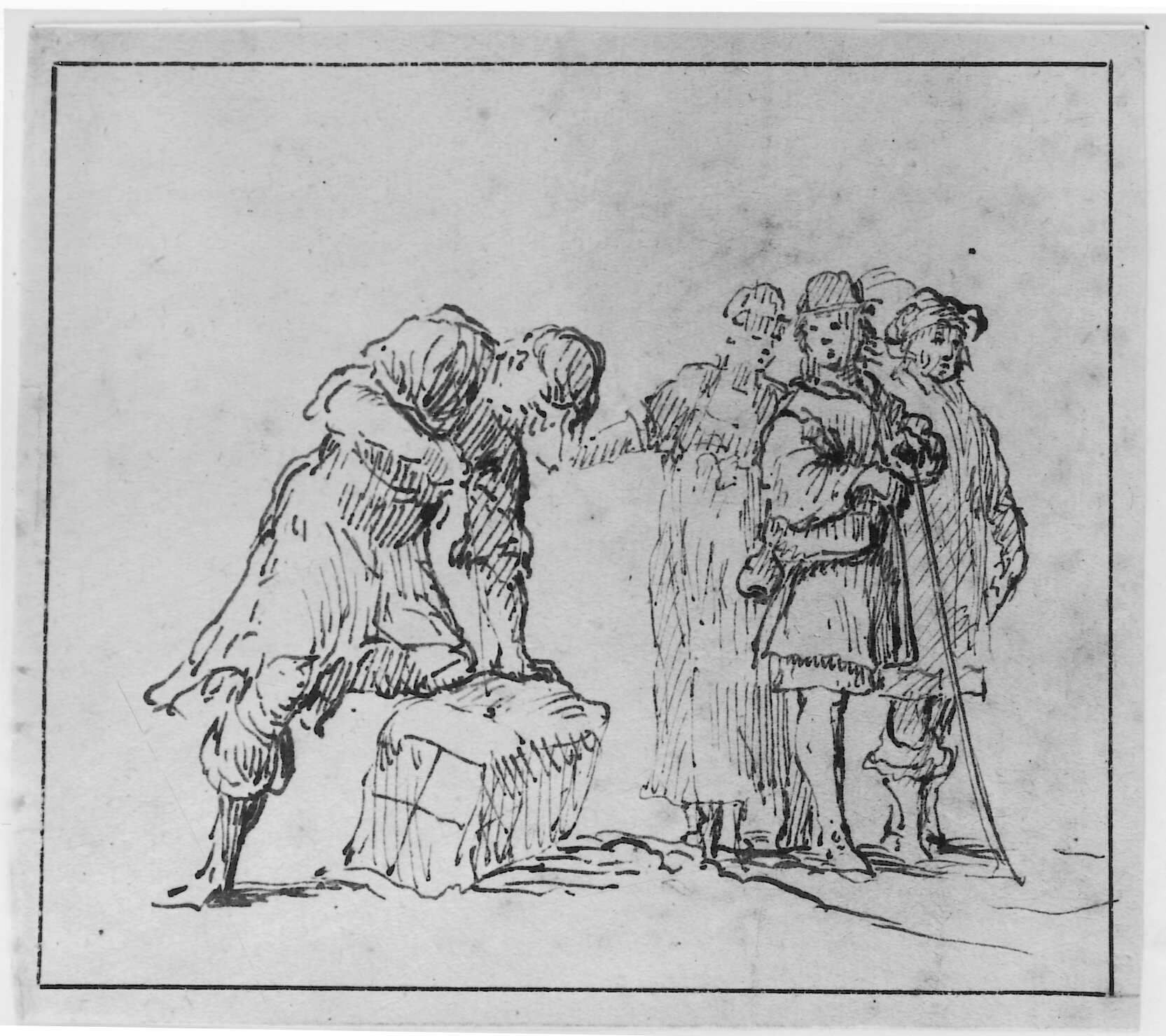 Fire figurer betragter en mand som pakker en pakke ind