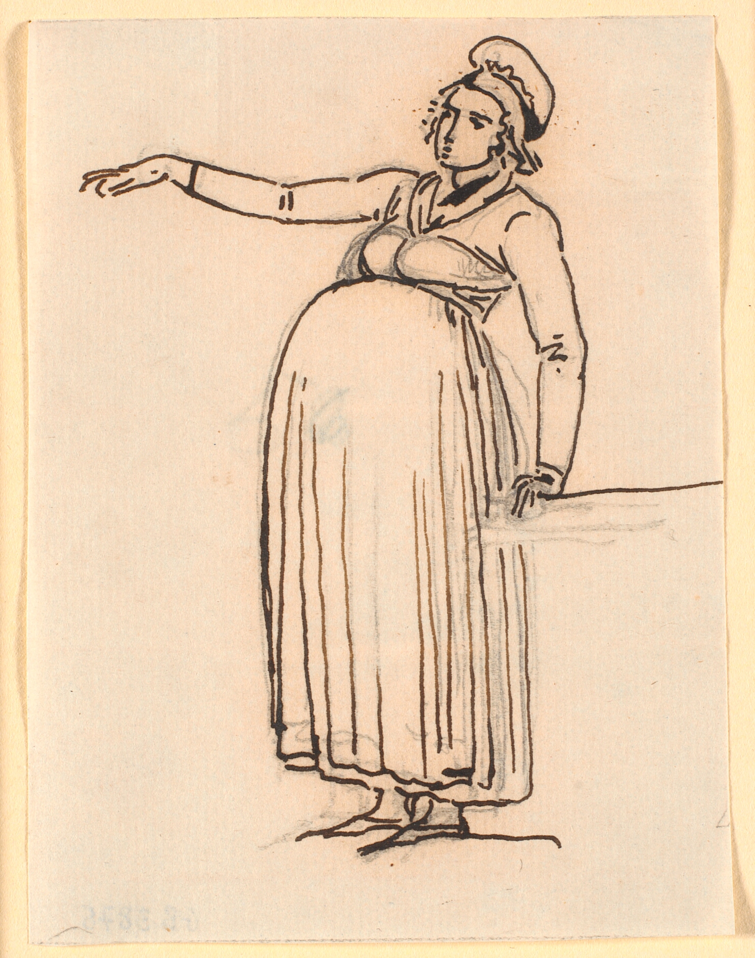 Karikatur af en frugtsommelig kone med højre arm udstrakt