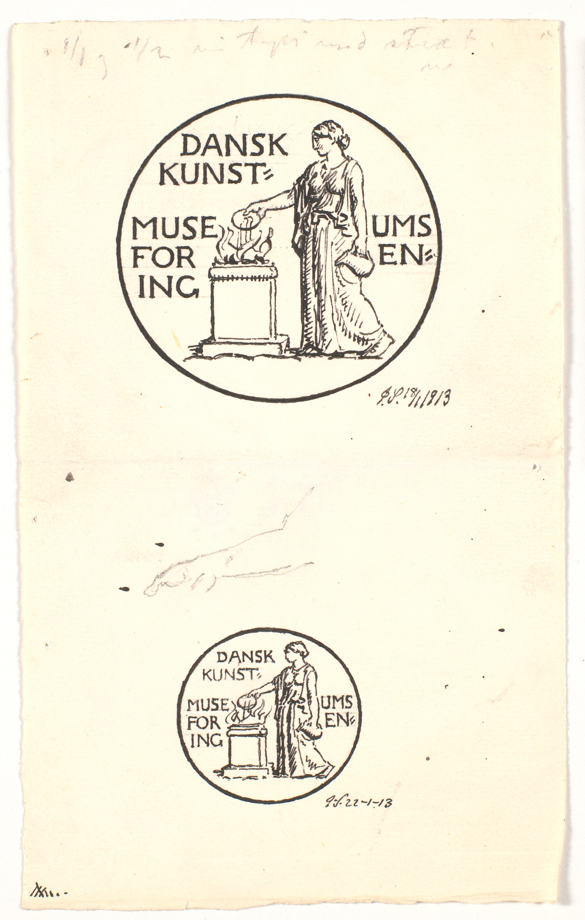 To udkast til vignet for Dansk Kunstmuseumsforening samt studie af underarm og hånd