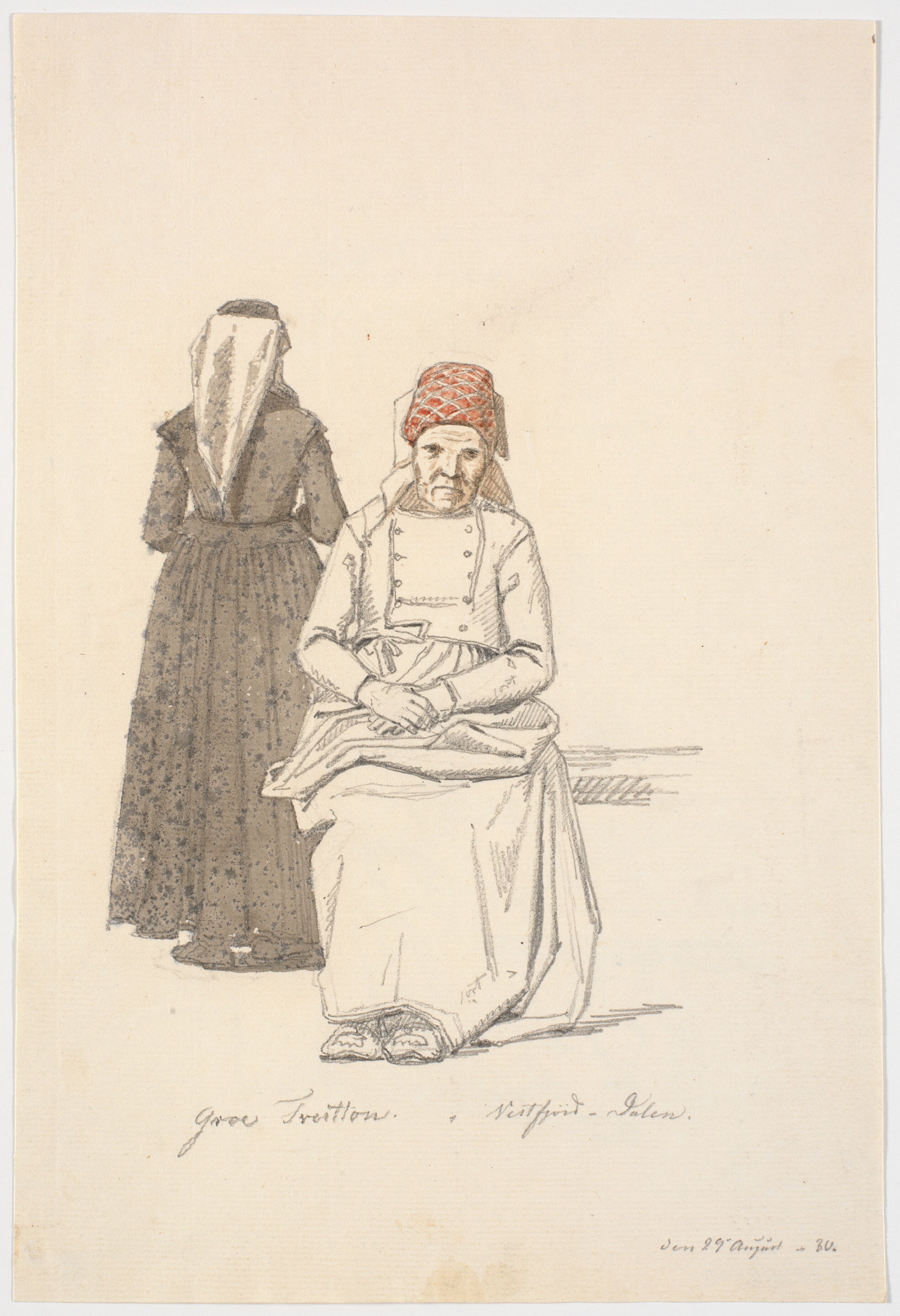 Siddende gammel kvinde og en stående