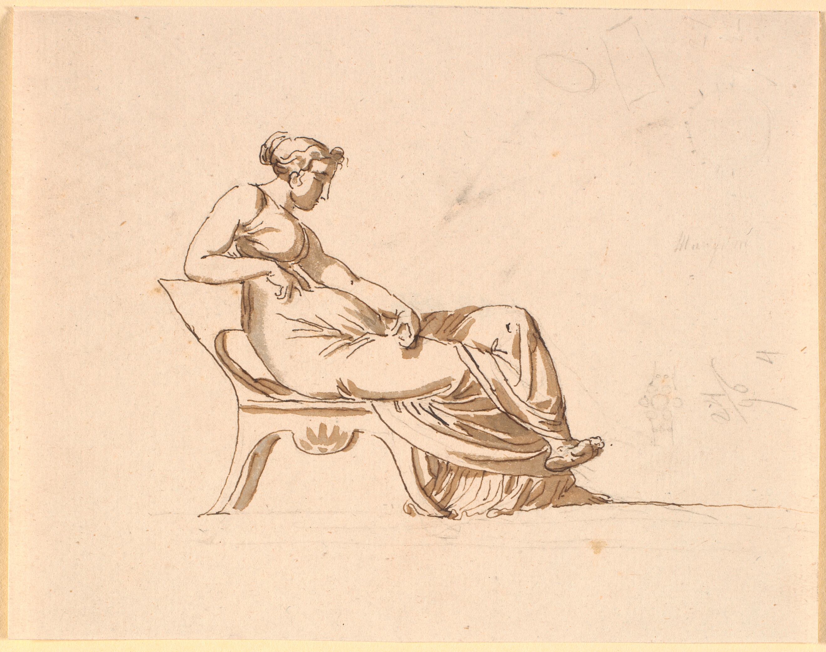 En frugtsommelig kvinde, siddende i profil til højre, på en antikt formet stol