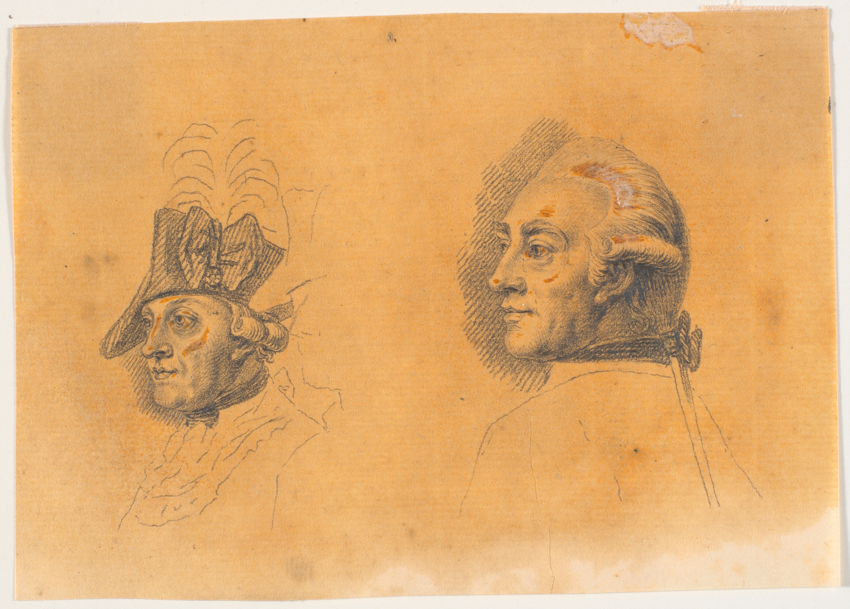 Forarbejde til to af hovederne til stikket: Frederik d. Store rider hjem efter en revy ved Potsdam