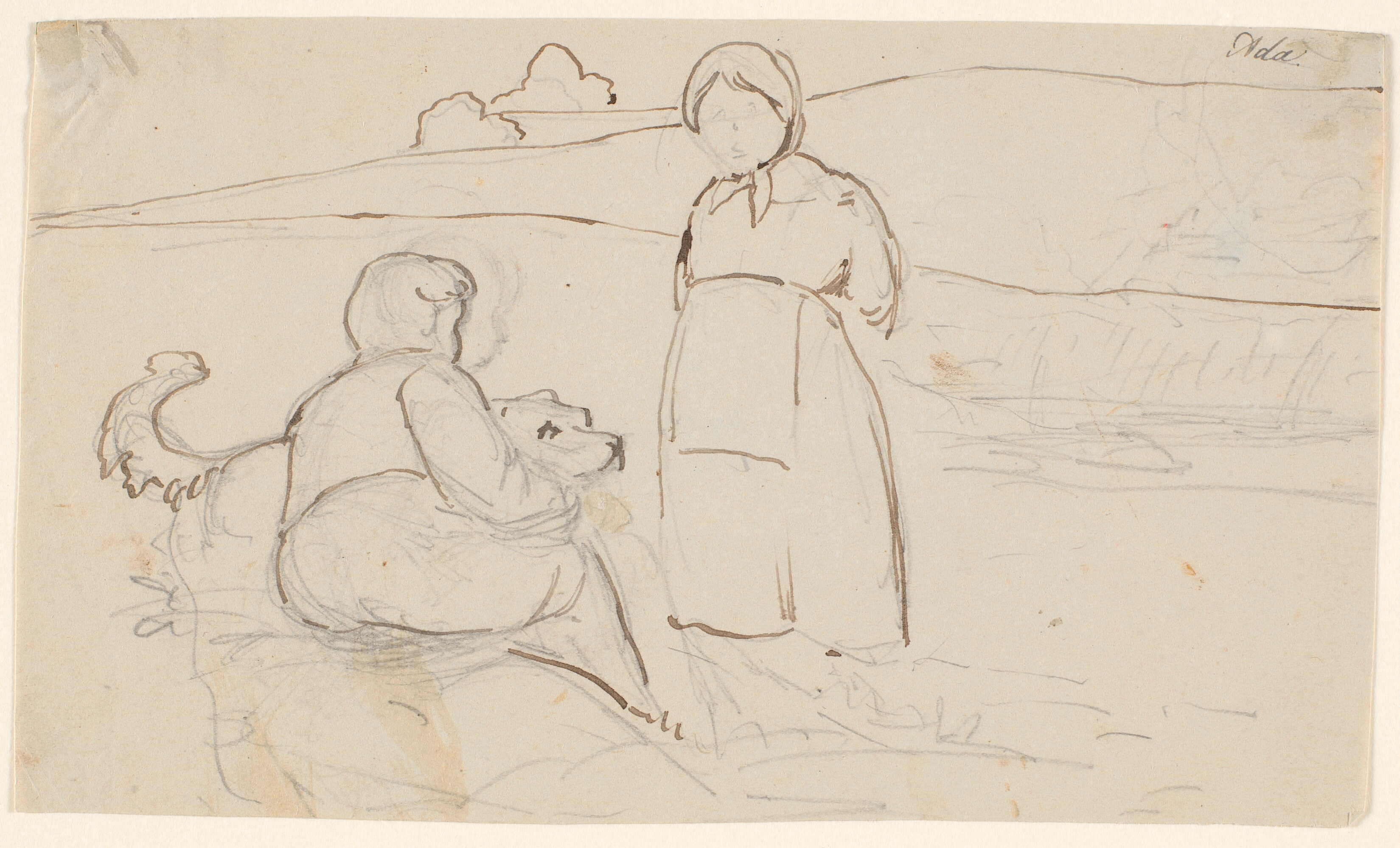 Siddende dreng med hund og stående pige i et landskab.