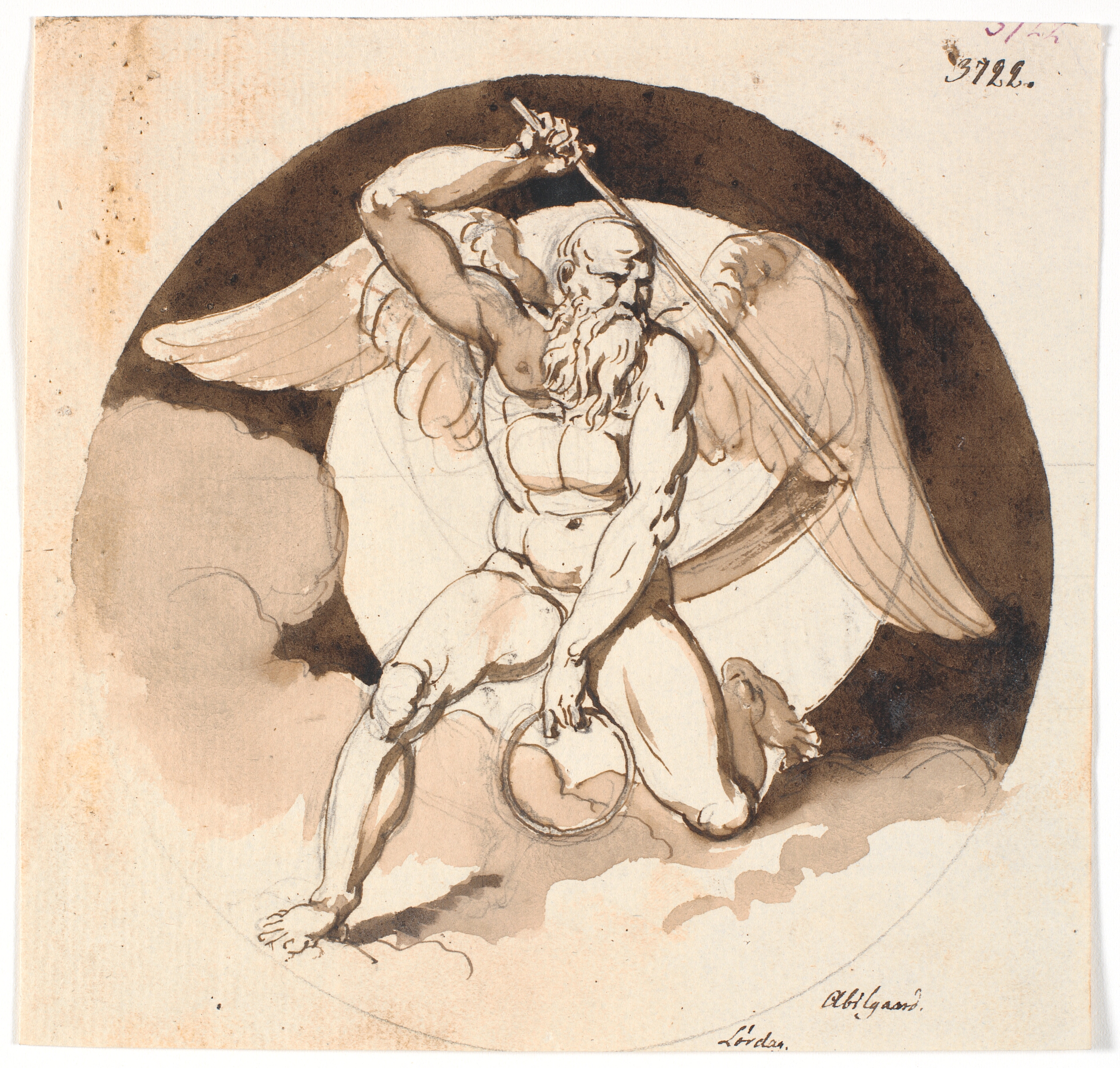 Lørdag. Tidens eller dødens vingede mandsfigur, med en le i den ene hånd, i den anden en sluttet ring