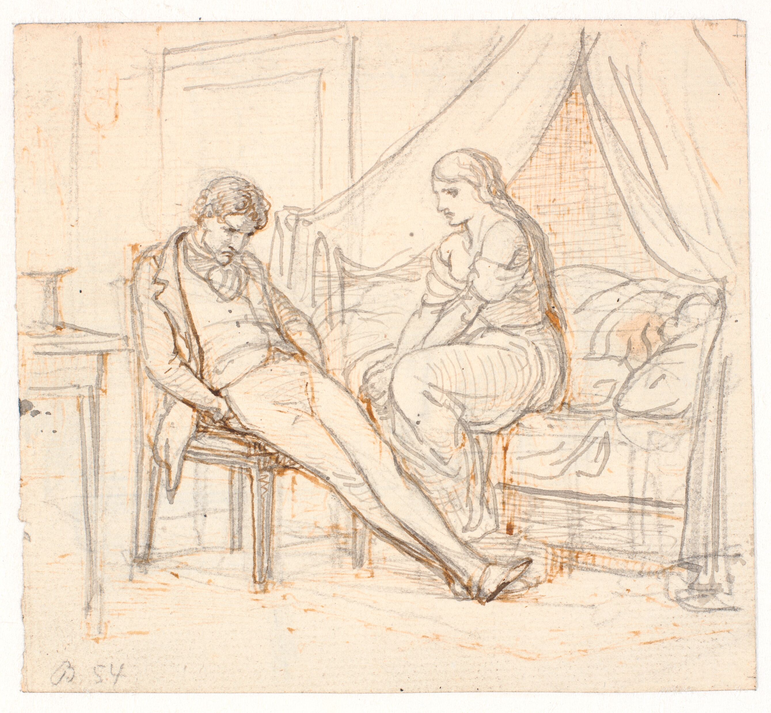 Interiør med mismodig ung mand og en pige på en seng