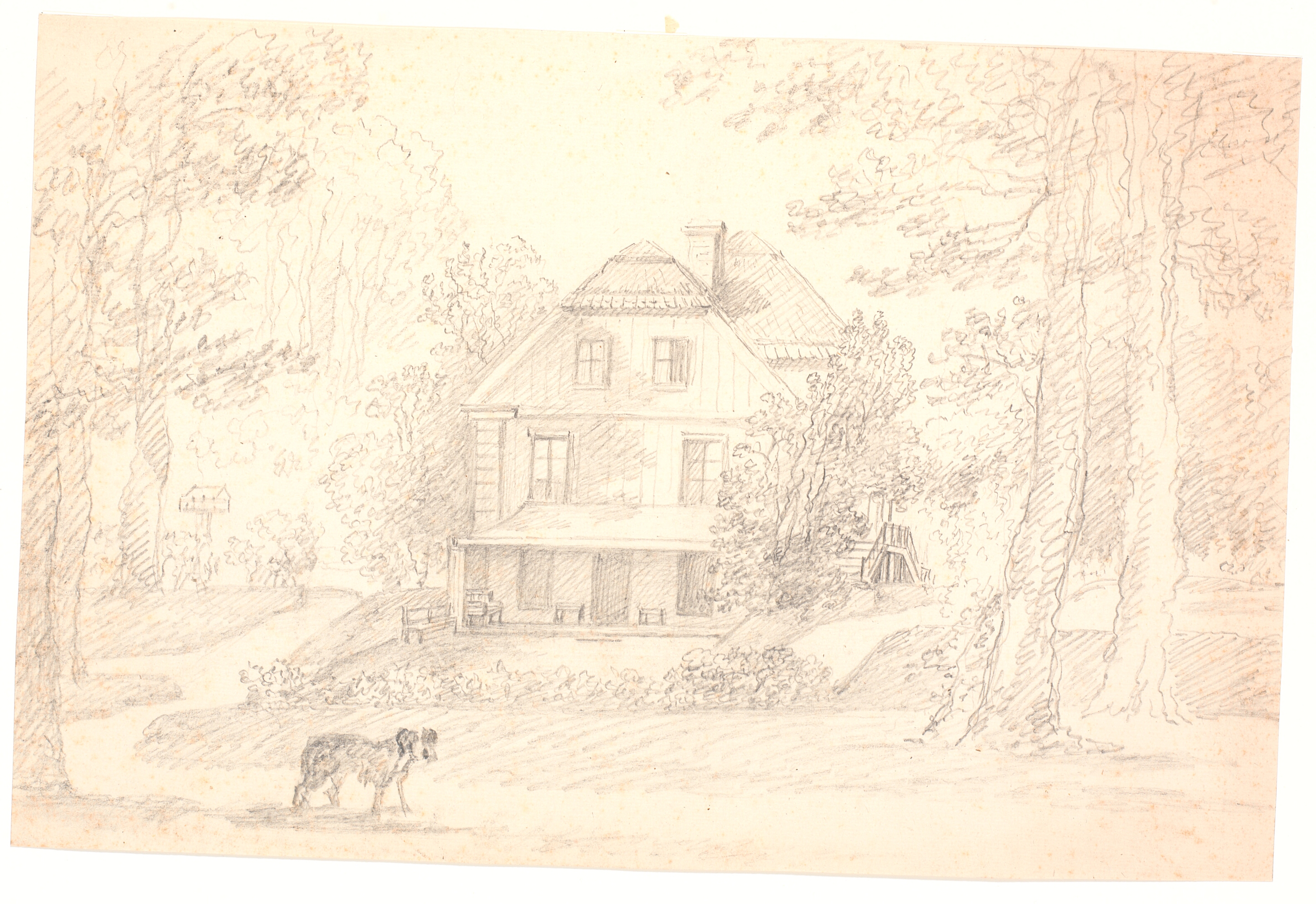 En villa med dobbelttrappe set fra gavlen, beliggende i en park. Sølyst, Klampenborg