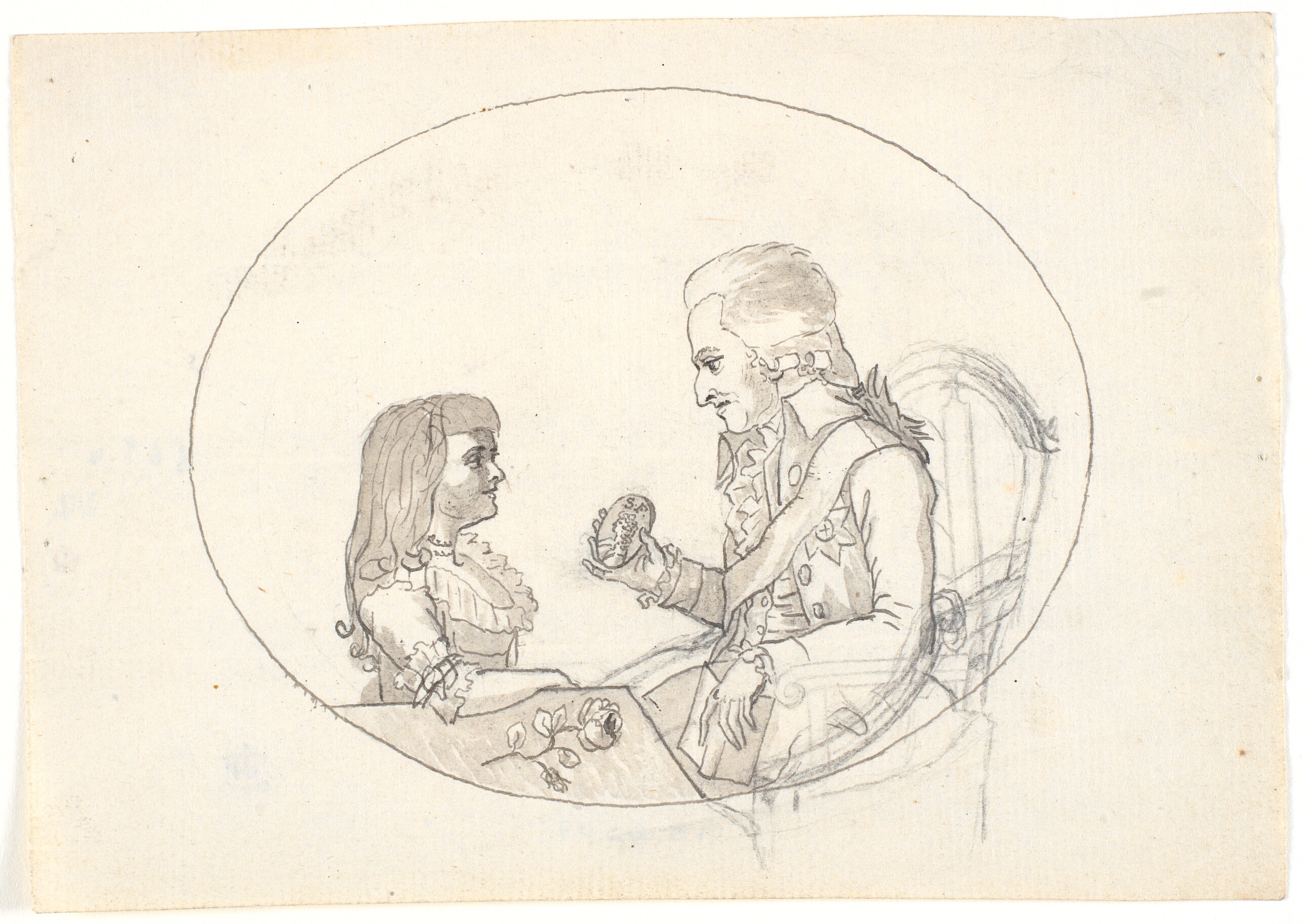 Arveprins Frederik med arveprinsen (Chr. VIII) viser et portræt af den afdøde arveprinsesse Sofie Frederikke