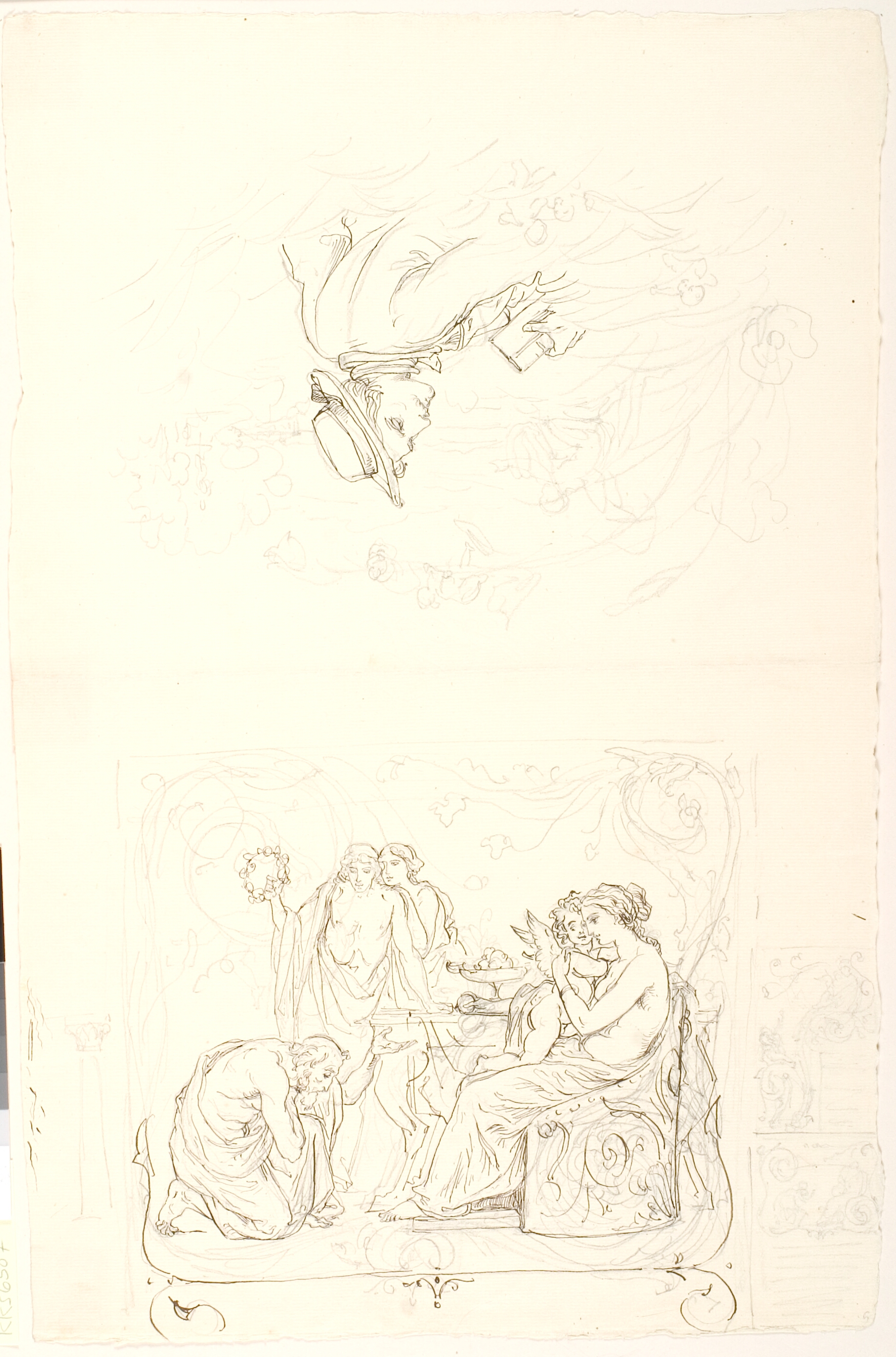 Skitser. F.o.: Den moderne fortolker. F.n.: Den gamle mand knæler for Afrodite og Eros