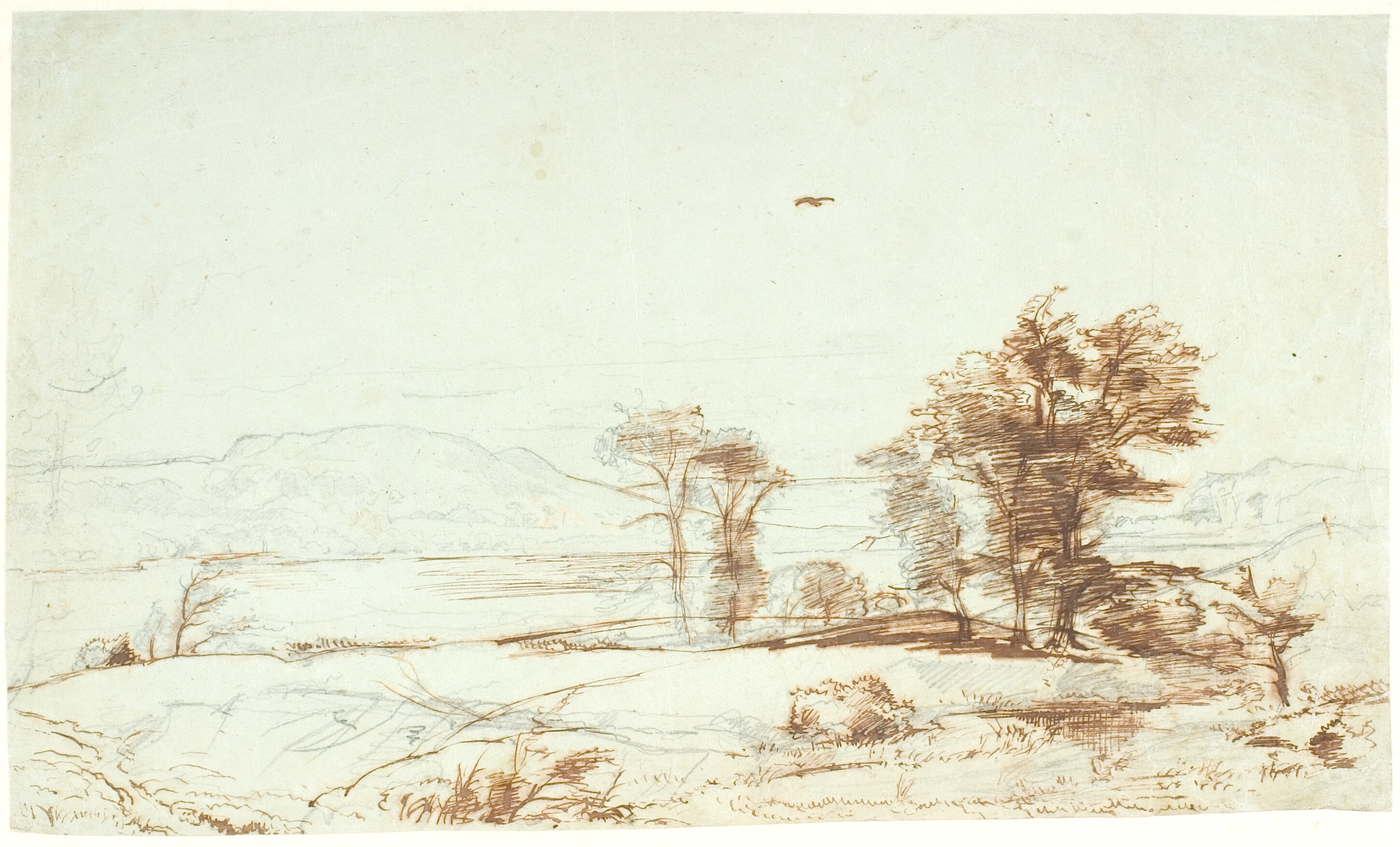 Udsigt over en sø. I mellemgrunden høje træer, i baggrunden bakker