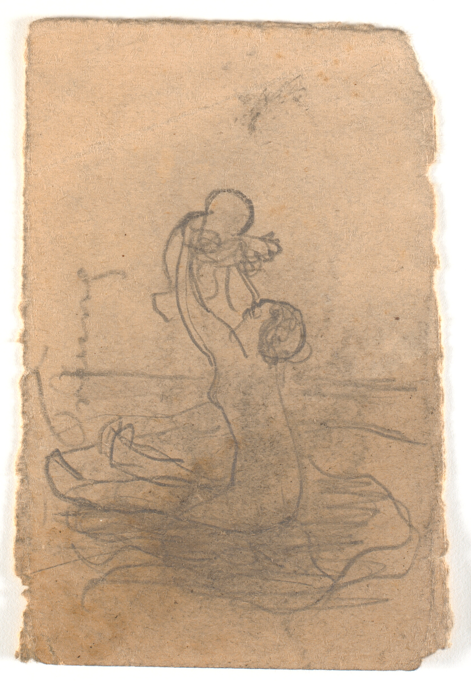 Nøgen kvinde løfter et lille barn