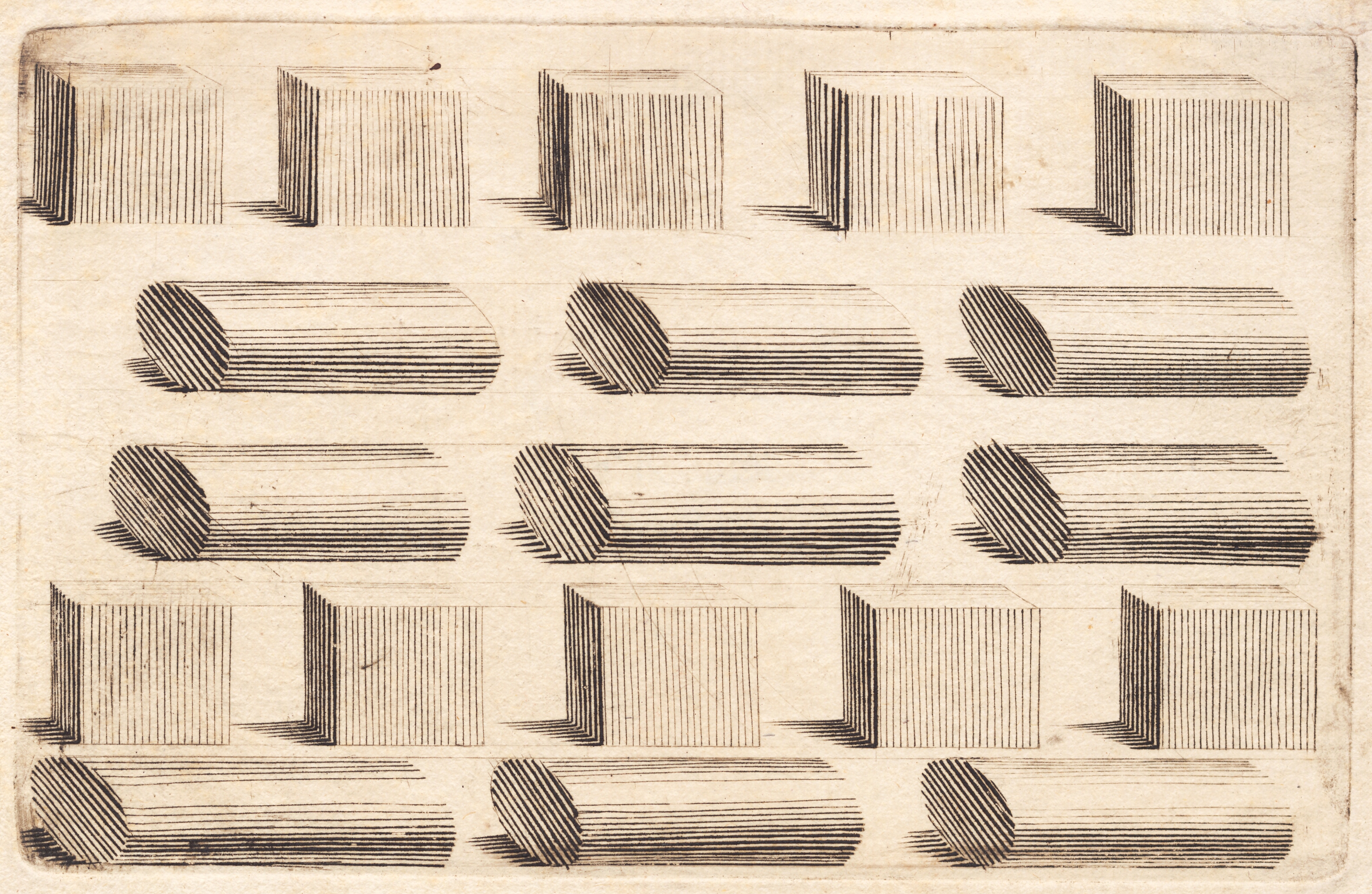 Studieblad med fem rækker af terninger og brudstykker af runde stave