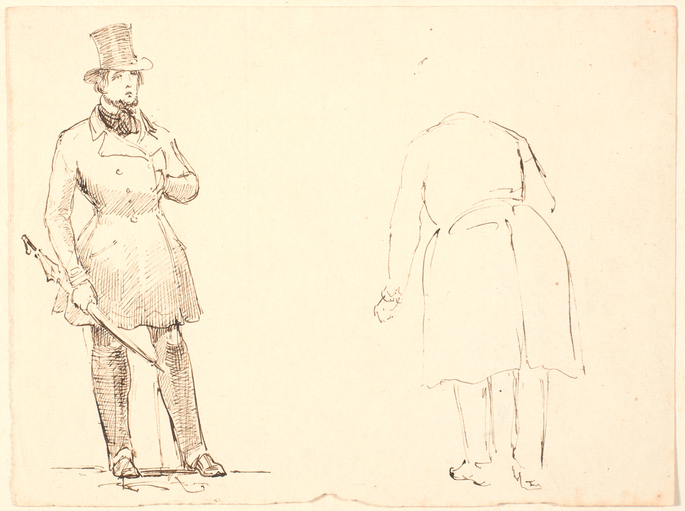 Staaende herre med paraply og t.h. bukkende herre set bagfra