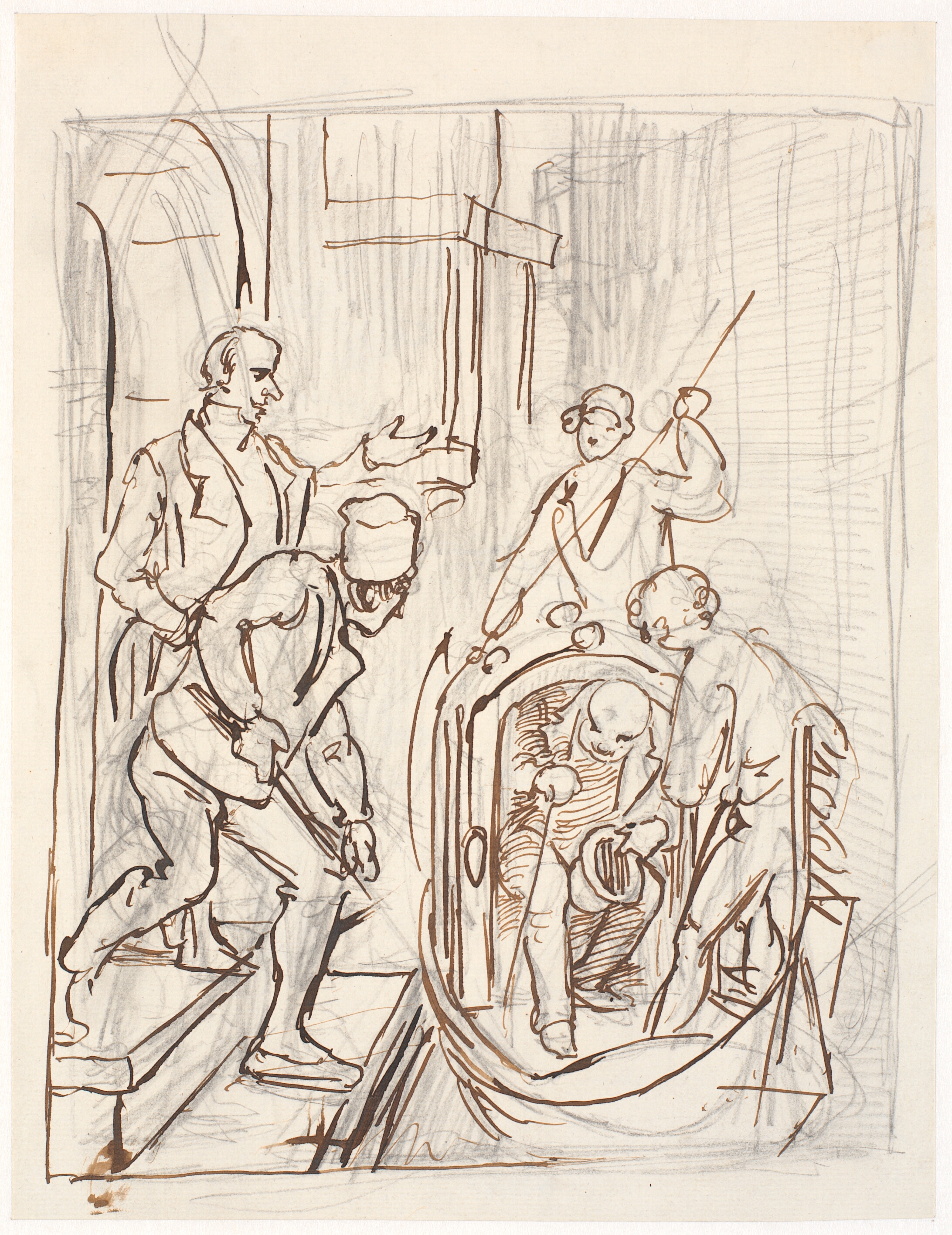 En tyk herre er ved at stige ud af en gondol